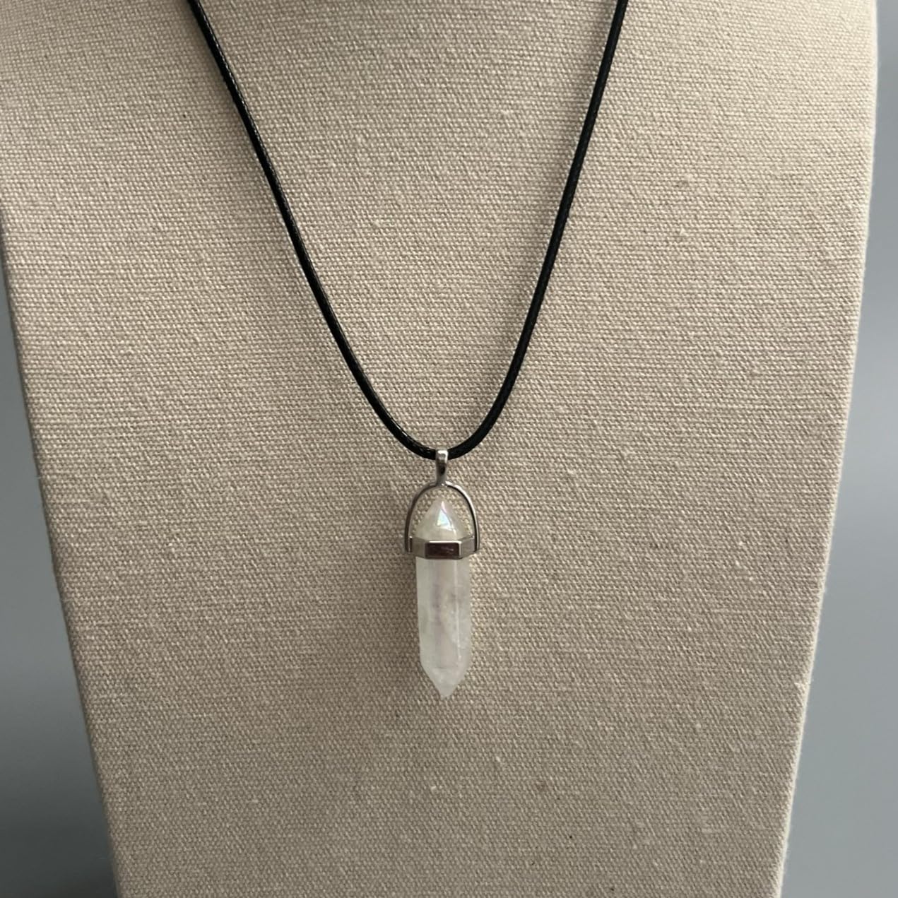 VIE Double Point Pencil Pendant, Black String, Aura Quartz
