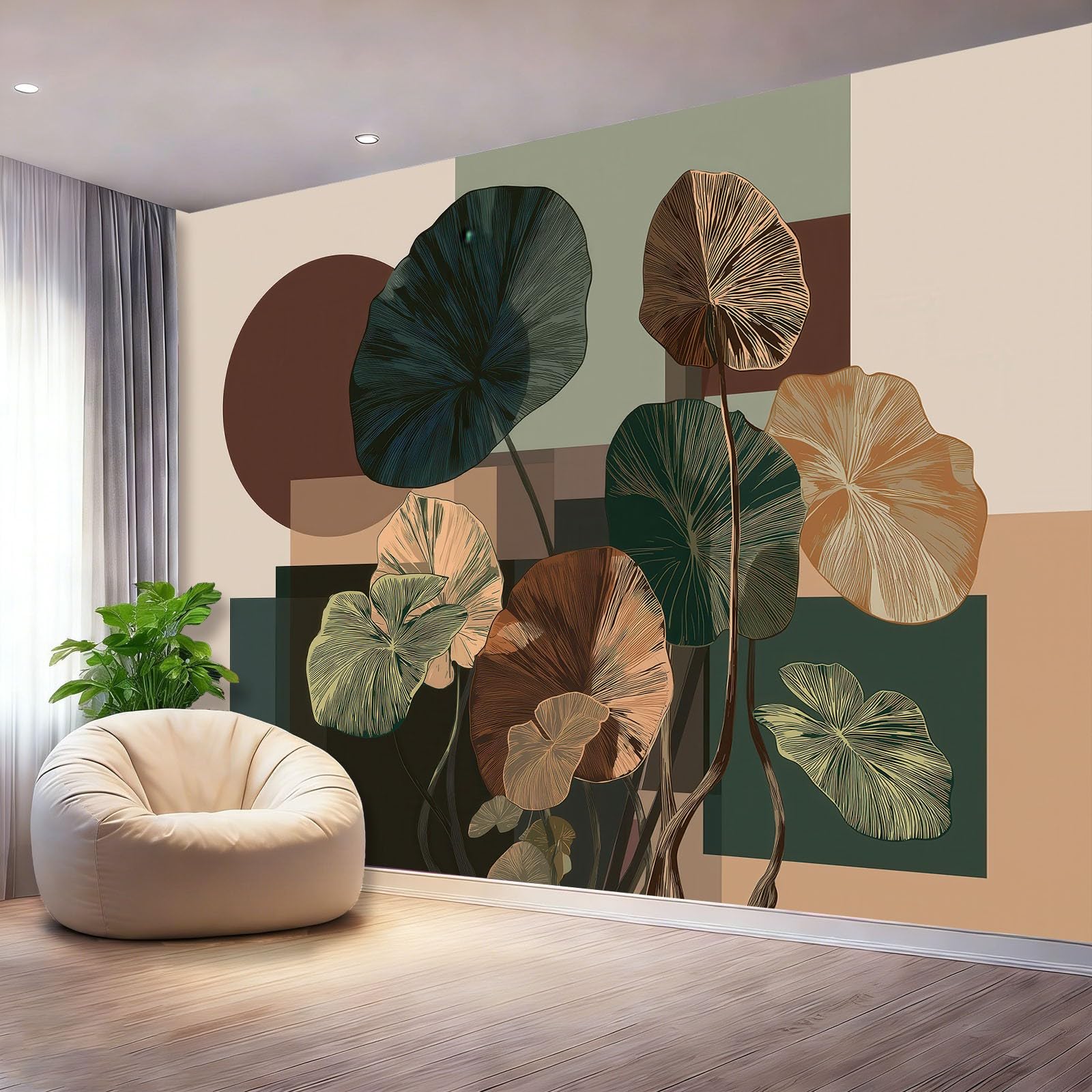 Czeska tapeta fotograficzna rośliny liście kolorowe bloki tapety ścienne brązowy zielony plakat fotograficzny do sypialni salonu TV ściana 350 x 256 cm