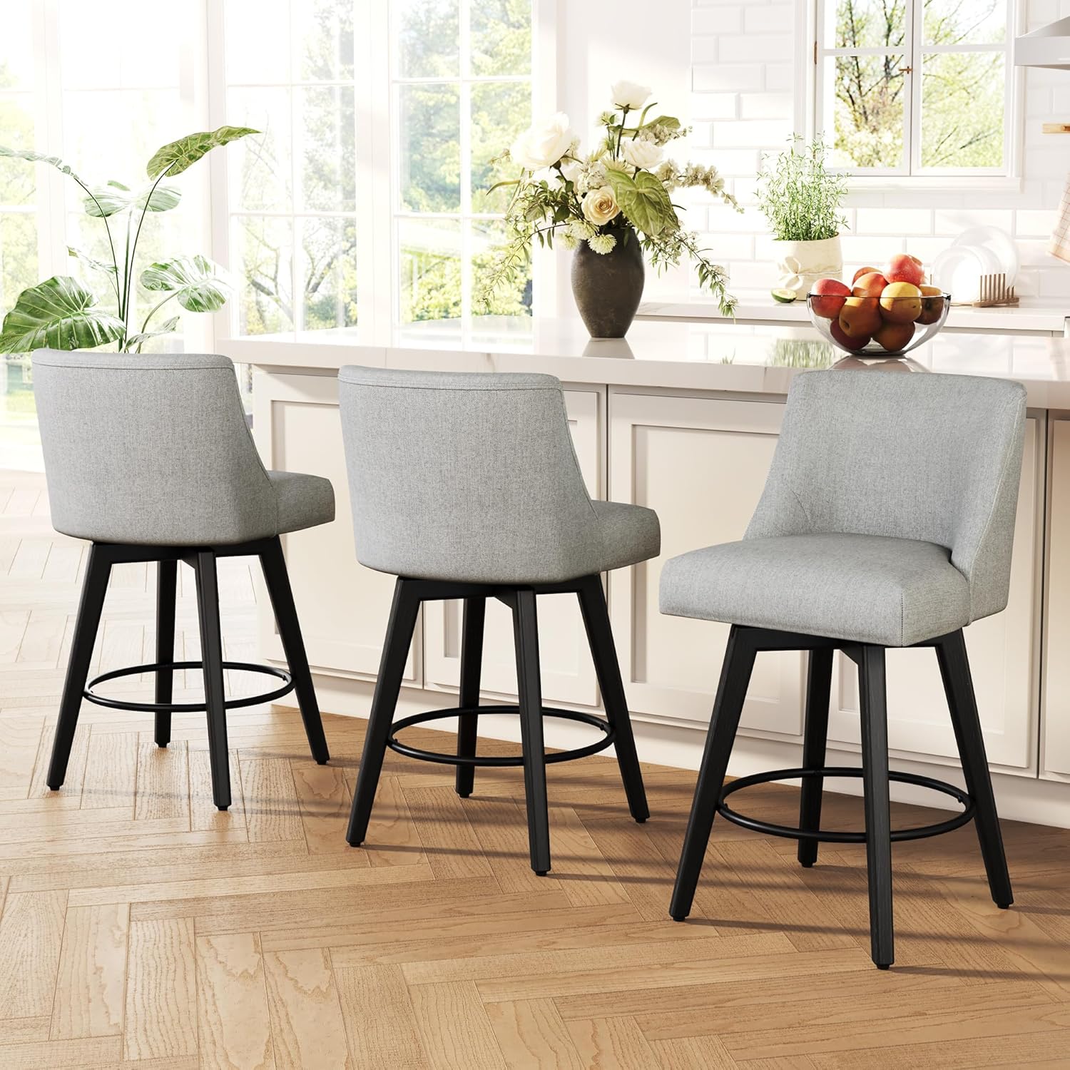 Counter Height Bar Stools, Upholstered Swivel Barstools Set of 3, Fabric Kitchen Counter Stools with Back, Solid Wood Legs, 26" Seat Height, Kitchen Island, Home Bar, Fog Grey