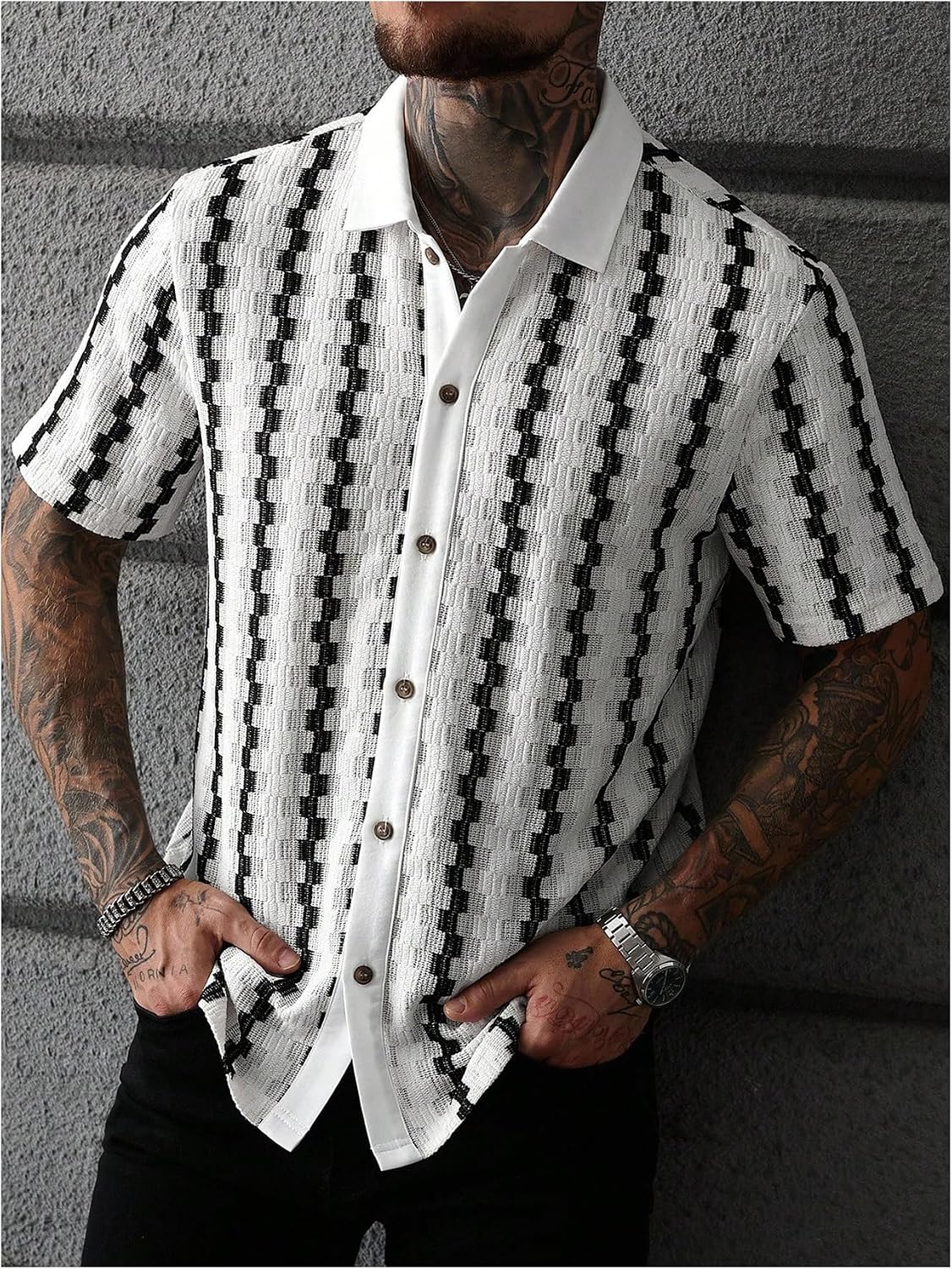 SOLY HUX Men's Summer Striped Shirts Casual Button Down Textured Short Sleeve Collared Vintage Beach Shirts
