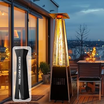 48,000 BTU Flame Pyramid Pool Heater With Cover, Triple Safety Protection Portable Patio Heater with Patio Cover, Warm Glass Tube with Durable Wheels-Black