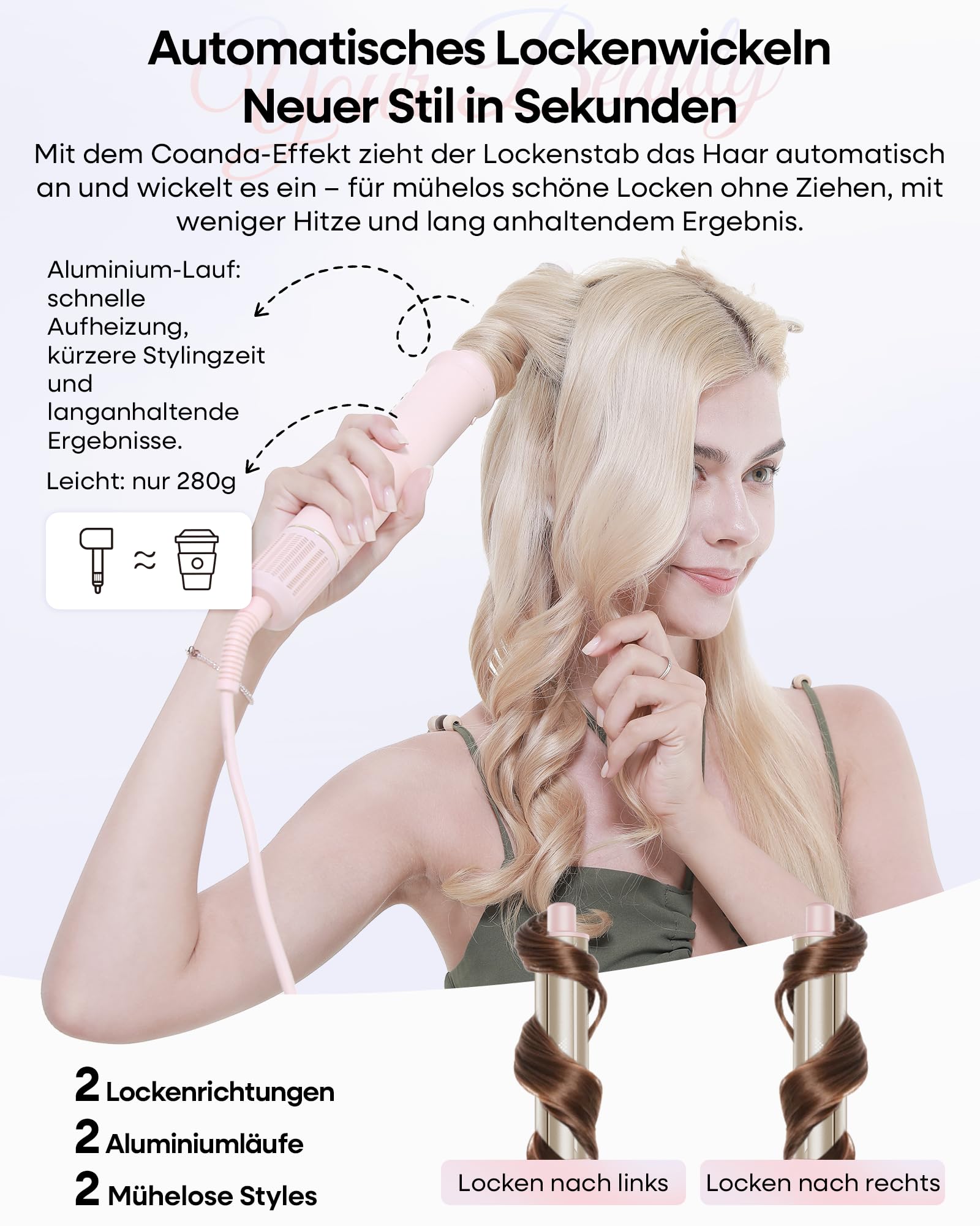 Airstyler 7 in 1 Ionen Föhn mit Diffusor Lockenstab Haartrockner Glätteisen Volumenbürste Warmluftbürste Reisetasche Rosa