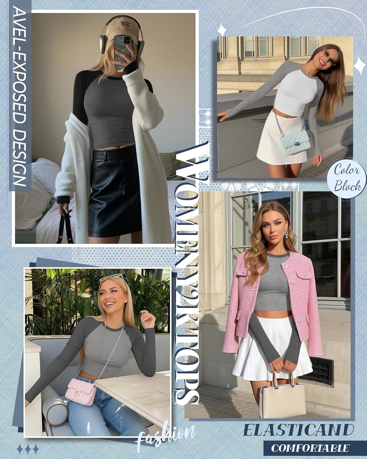 Huukeay 3 Pcs Women Raglan Long Sleeve Crop Tops Color Block Baseball Shirt Y2k Going Out Top - Image 4