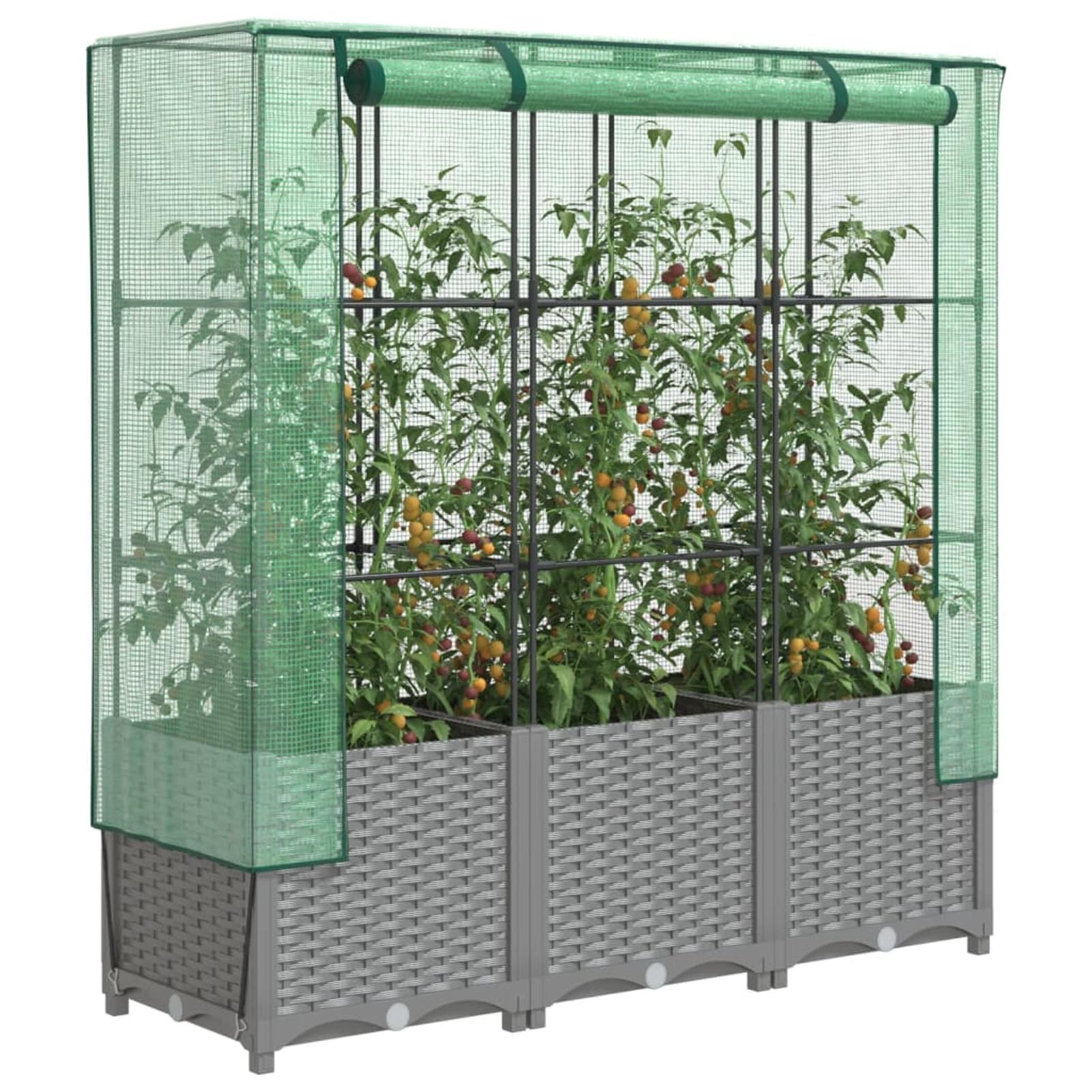 Homgoday Hochbeet mit Gewächshaus-Aufsatz Pflanzkasten Gemüsebeet Blumenbeet Blumenkasten Gartenbeet Pflanzbeet Frühbeet für Balkon Garten Terrasse Rattan-Optik 120x40x138 cm Hellgrau