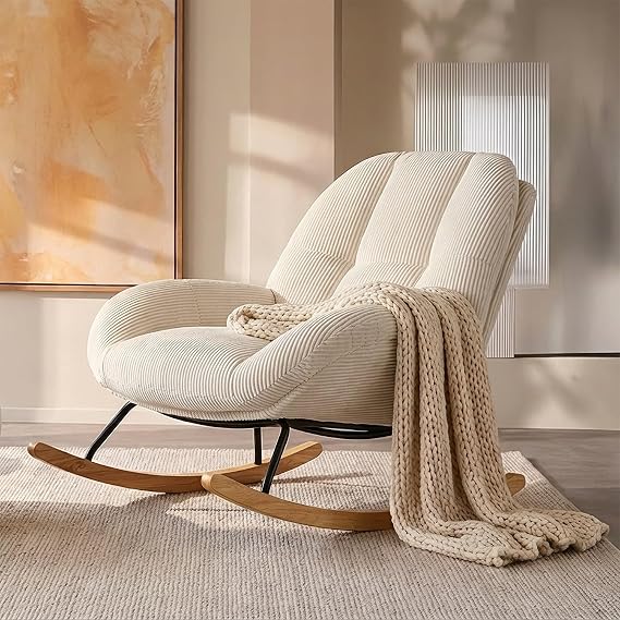 MEUBLE COSY Fauteuil à Bascule Scandinave XXL en Velours Côtelé et Bois Massif Beige