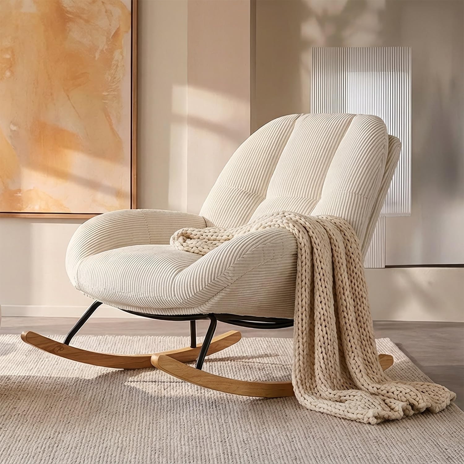 MEUBLE COSY Sedia a Dondolo Imbottita Poltrona Relax con Schienale Seduta Extra Larga in Velluto a Coste, Gambe in Legno, per Soggiorno Cameretta, Beige