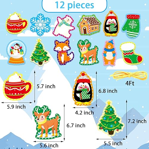 Miniatura 4 de Tarjetas de encaje de animales de invierno, 12 paquetes de kits de costura para niños, tarjetas de costura de cartón de Navidad, juegos de cordones