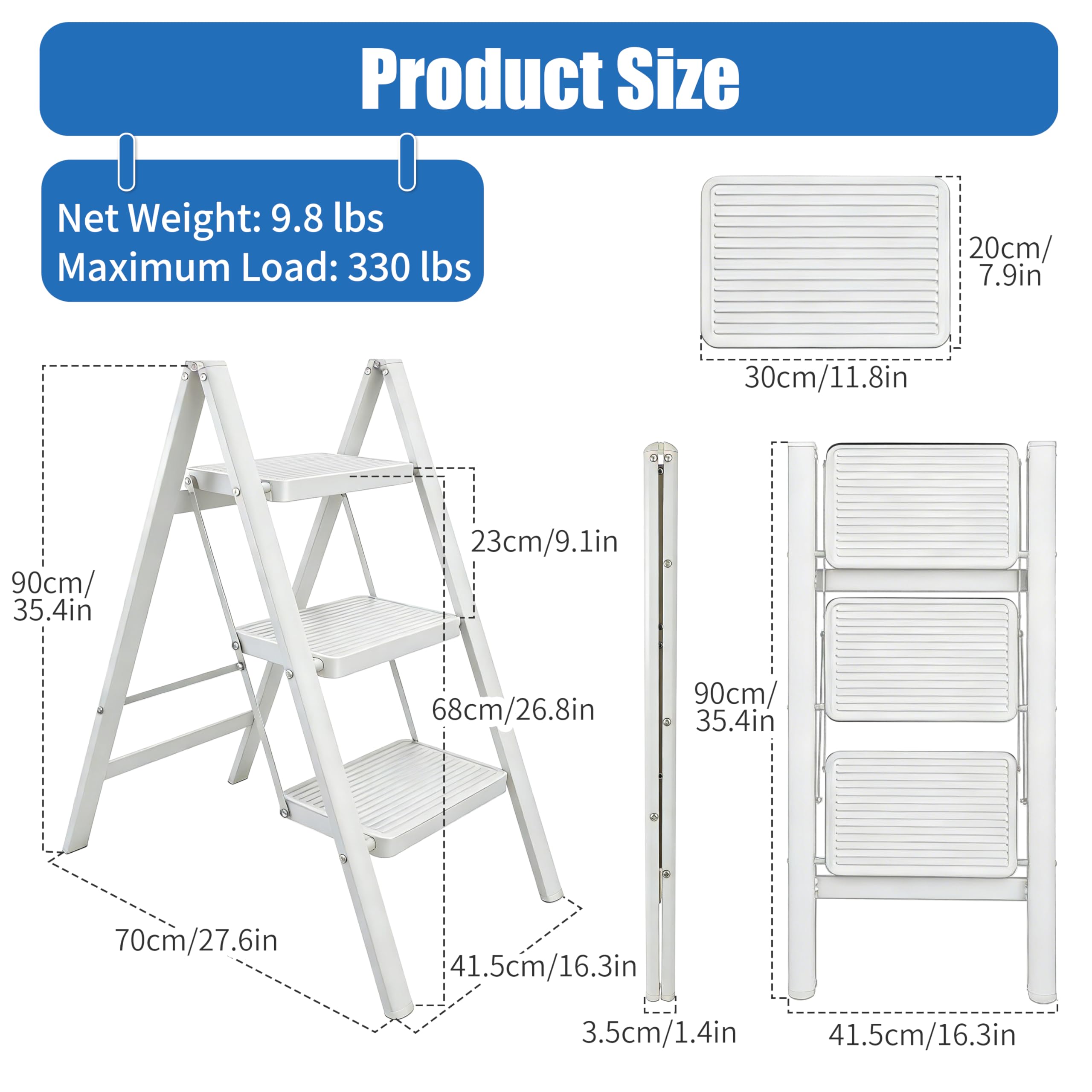 Scaletta Pieghevole 3 Gradini, Portatile e Leggera Sgabello Stabile Leggero con Pedali Antiscivolo per Casa, Cucina, Bagno, Campeggio, Portatile fino a 150 kg (Bianco)