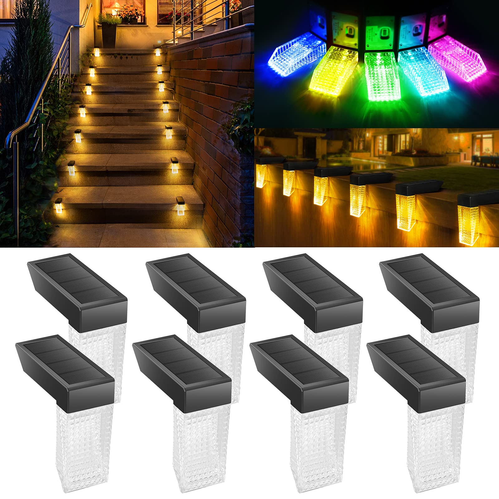 PANMO Solar Deck Lights Outdoor, Solar Step Lights Waterproof Decoration for Porch Pool Fence Stair Patio Yard Garden Railings( Warm White/RGB 8 Pack)
