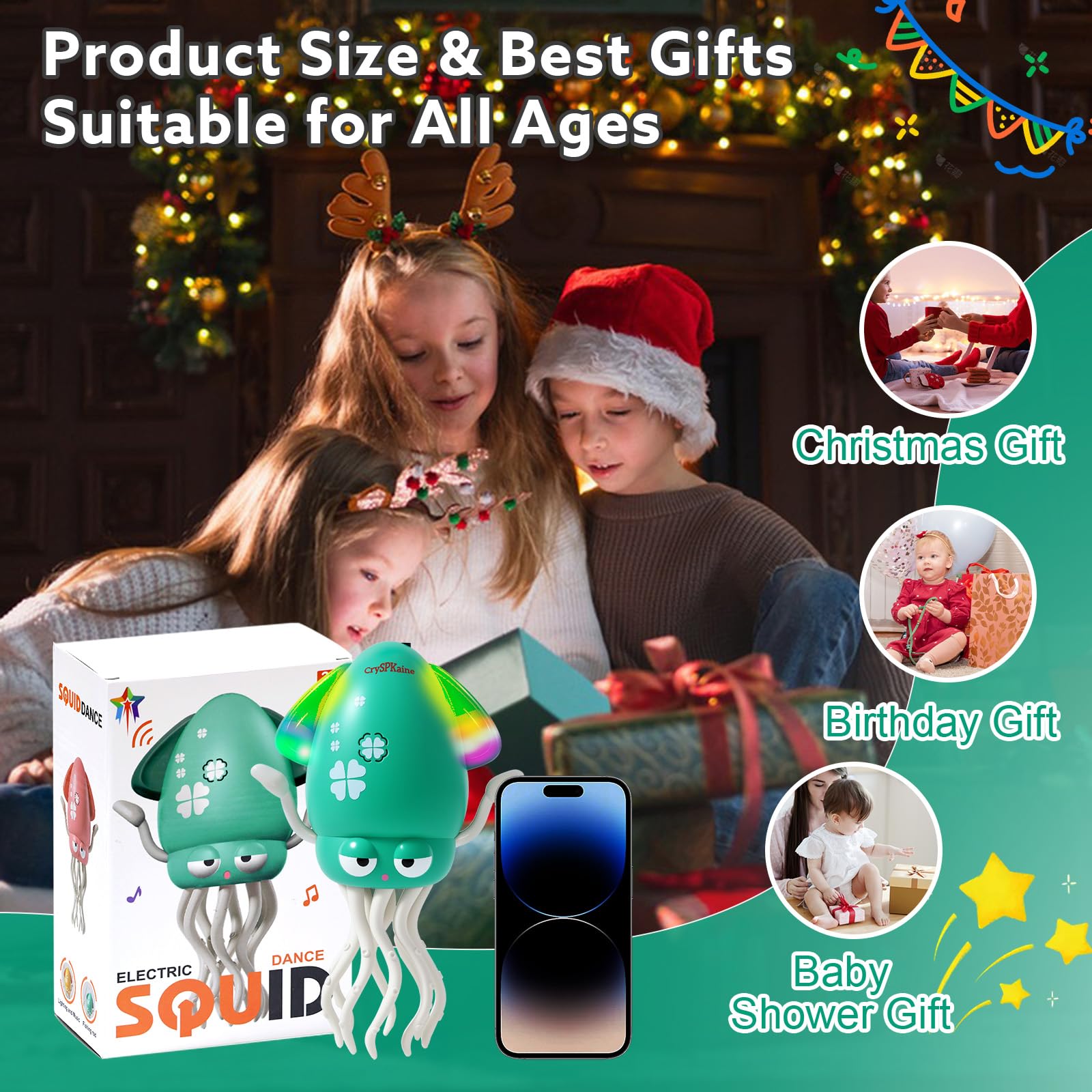 2026 New Electric Dancing Squid Toy with LED Lights & Music, Crawling Dancing Octopus Toys Tummy Time Toys, Magic Dancing Squid Baby Toys Obstacle Avoidance & Fishing Game (Green, S)