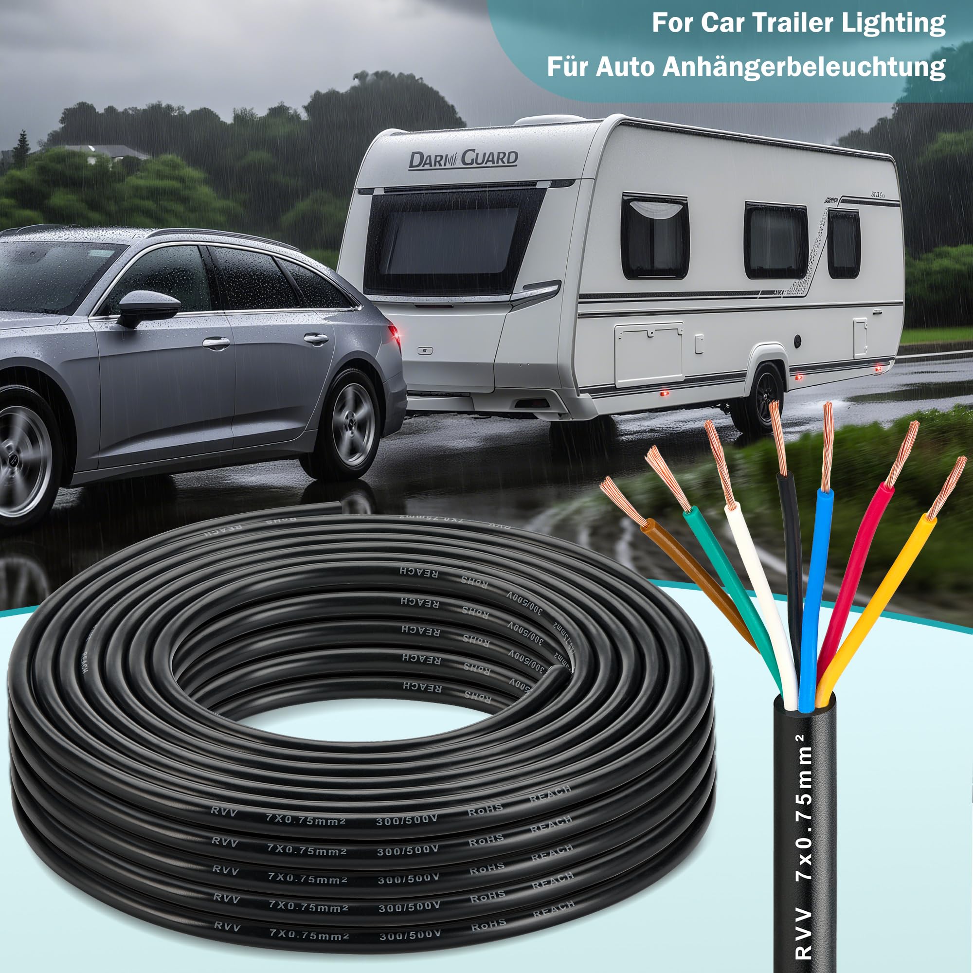 7 Adriges Anhängerkabel 20M, Wohnwagen Elektrische Kabel für Caravan Camping 0,75mm², LED-rücklichter Verkabelung Kabel 7 polig, 12V 24V Elektrokabel FLRYY RoHs Reach Zulassung
