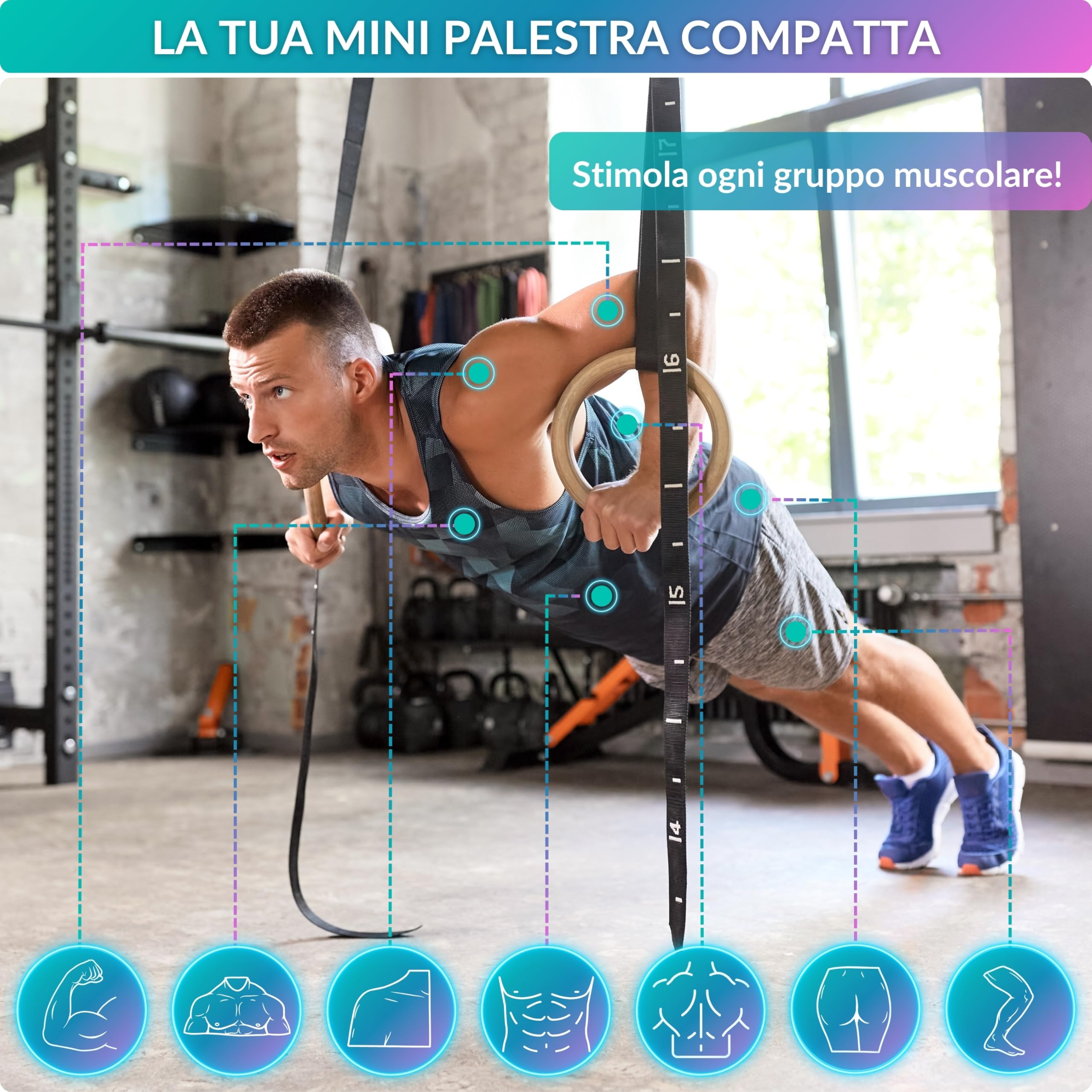 Anelli Calisthenics 32 mm - Anelli Ginnastica Legno per Crossfit e Palestra in Casa, Cinghie 450 x 3,8 cm con Marcature, Carico Massimo 250 kg, Nastri di Grip per Anello, Guida PDF