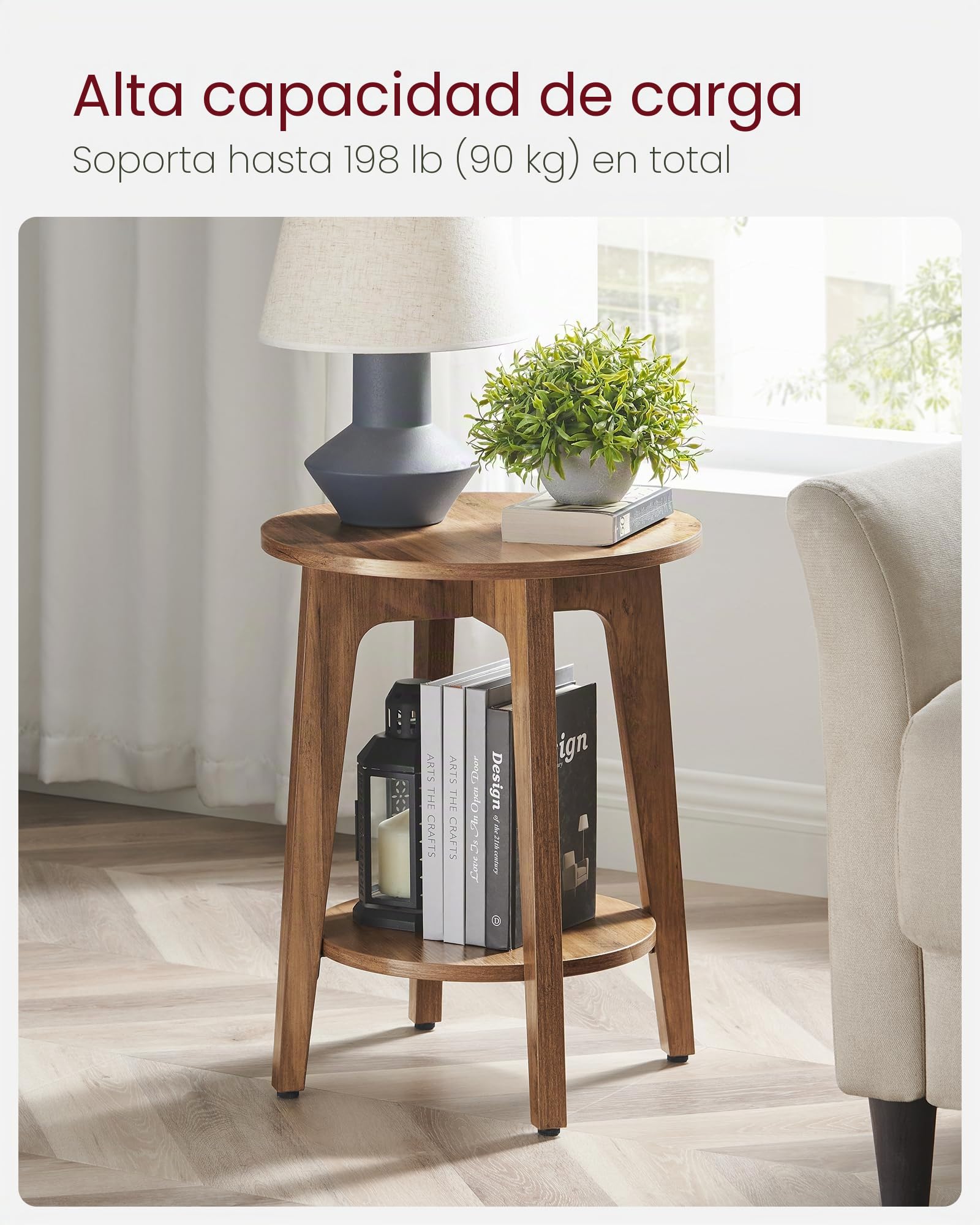 VASAGLE Mesa auxiliar, pequeña mesa redonda con estante inferior, mesita de noche para espacios pequeños, estilo moderno de granja, nogal rústico ULET283T41
