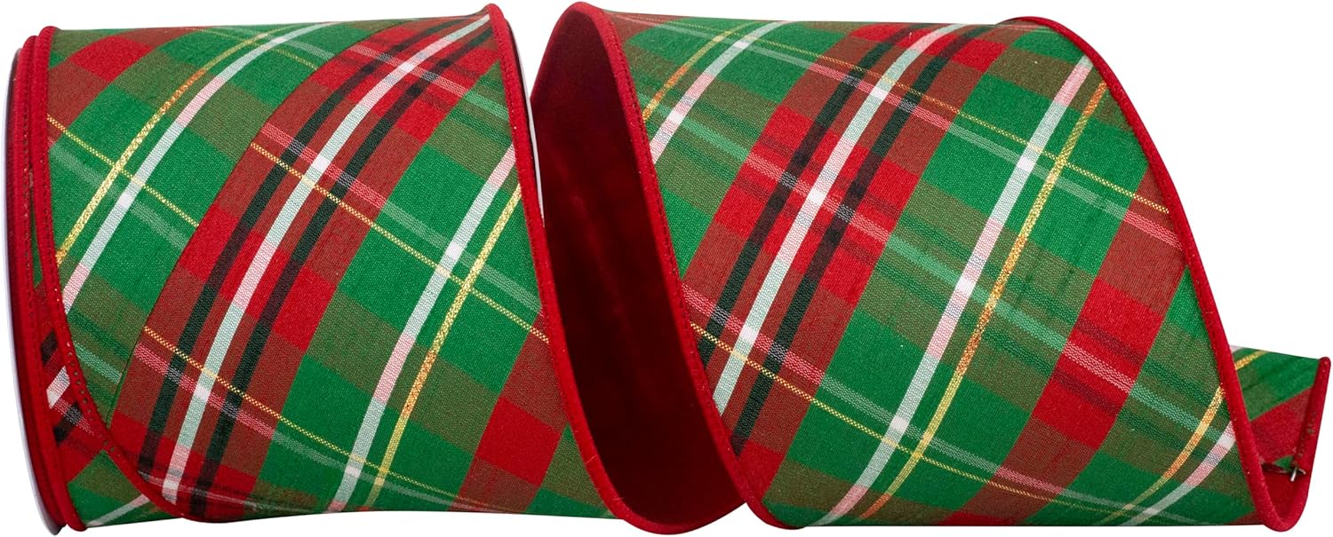 Reliant Ribbon 93926W-985-10F Plaid Dupioni Verde Diagonal Red Backed Wired Edge Ribbon, 4 Inch X 10 Yards, Red/Green