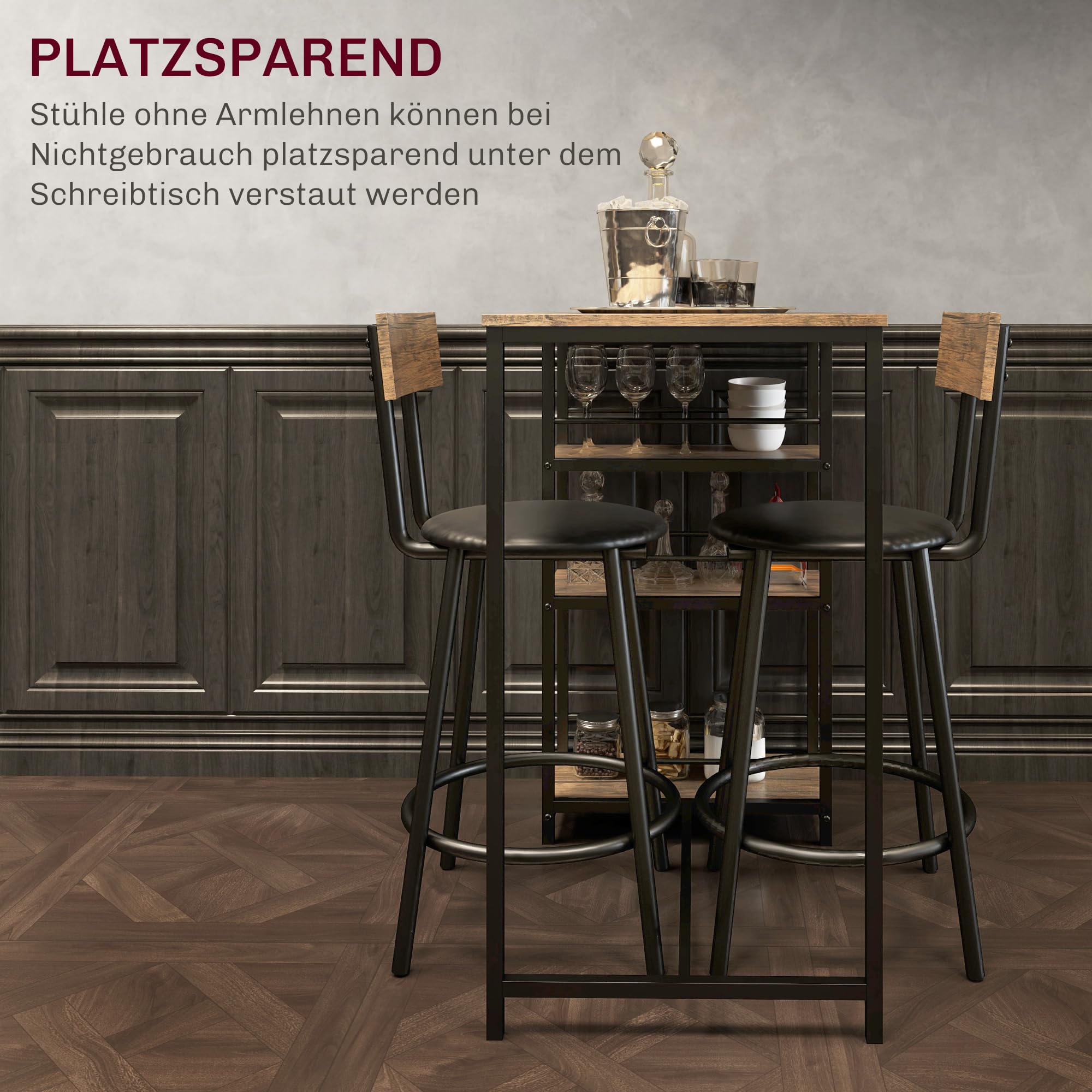 HOMCOM Bartisch mit Barhocker Set, Bartisch-Set für 2 Personen mit 2 Gepolsterten Barstühlen, Rückenlehne, Küchentisch mit 3 Ablagen, im Modern-Stil, Bartheke für Esszimmer, Küche, Stahl, Eiche
