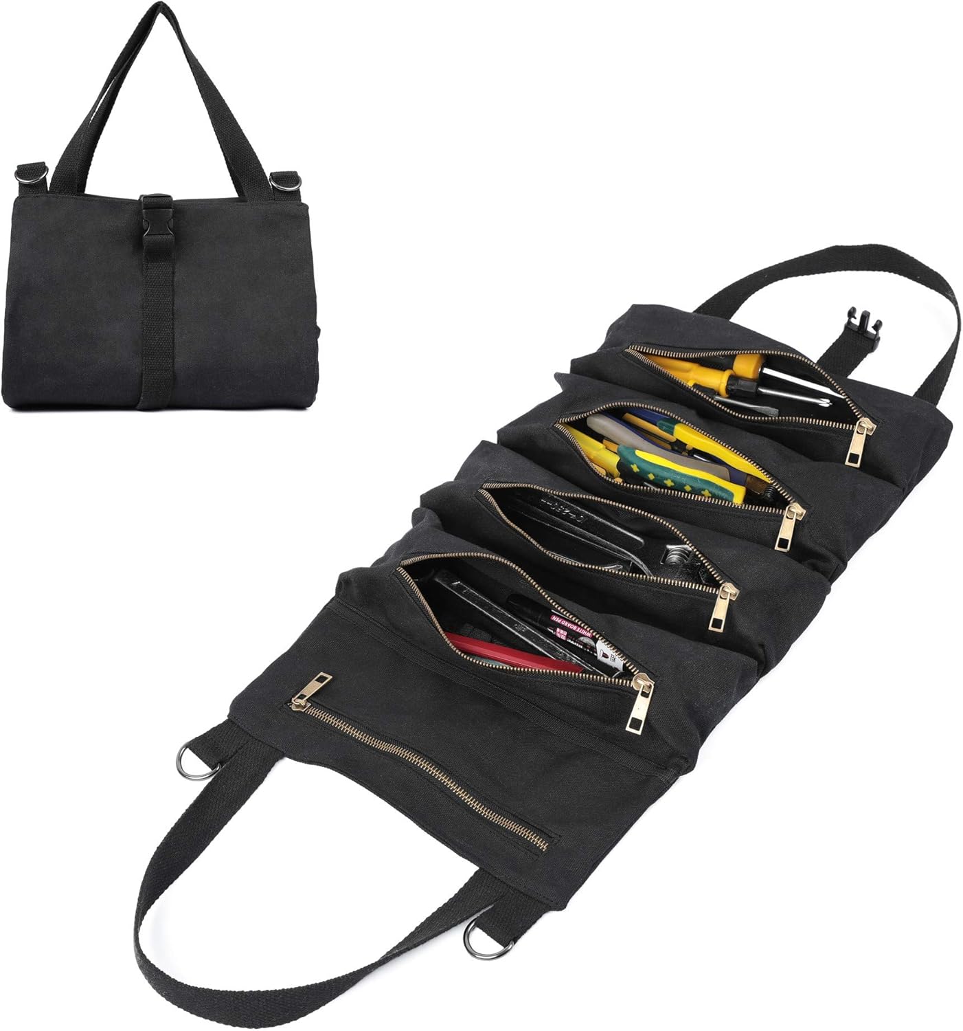 Waxed Canvas Tool Roll Bag, Multi-Purpose Tool Organize Bag With 5 Zipper Pockets, Easy Storage & Portable (Khaki)