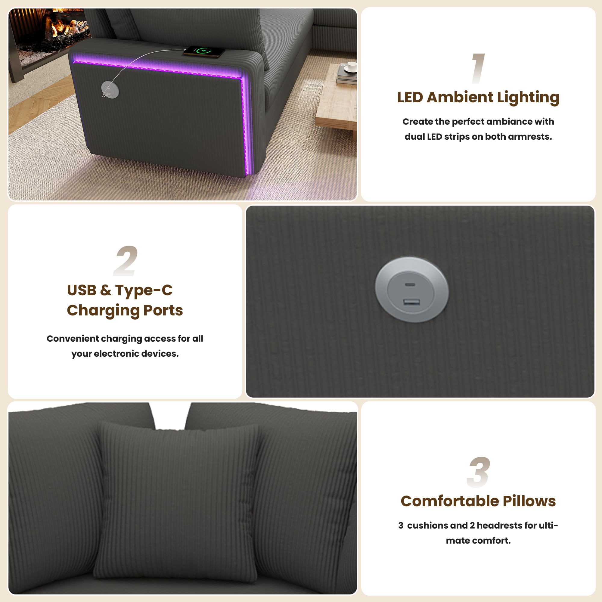 Sapgaks Canapé Convertible en L avec LED et USB C, Canapé d'angle Convertible en Velours Côtelé avec Coussins et Accoudoirs, Canapé Modulable Multifonctionnel au Salon Appt, Gris
