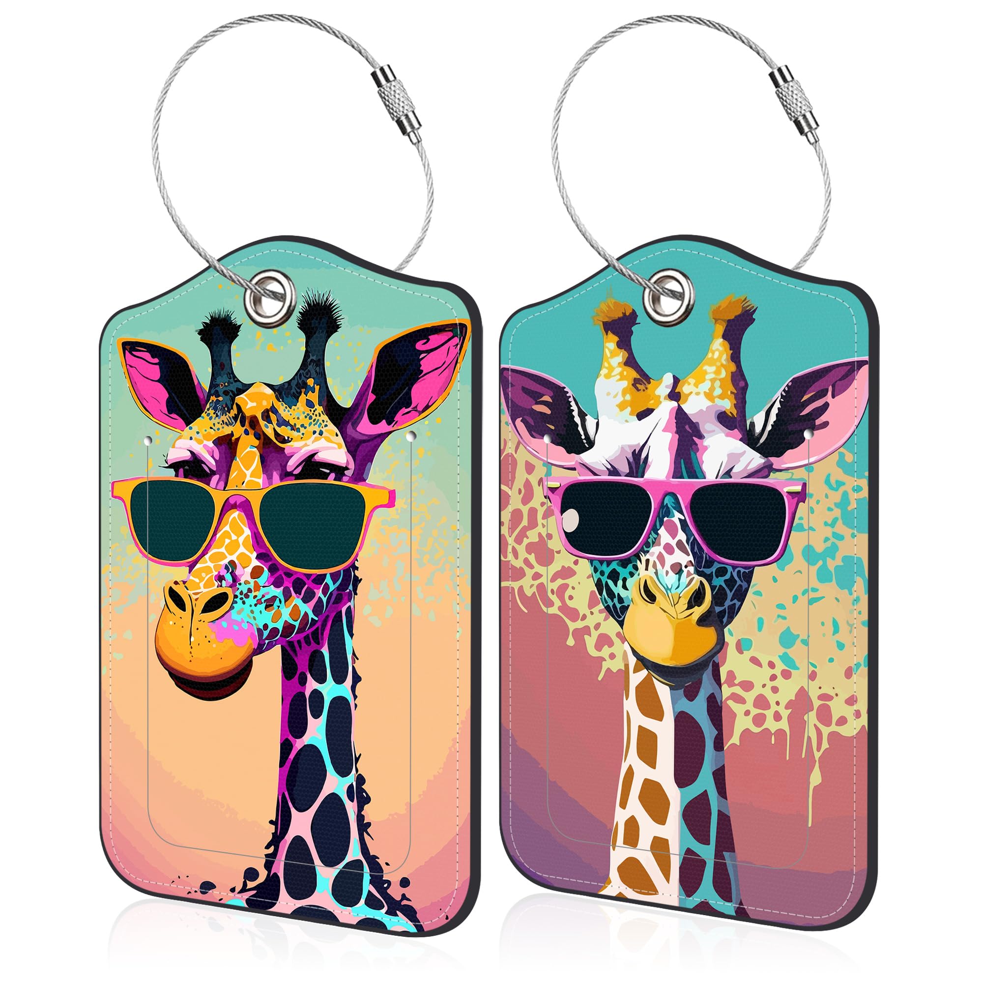 Luggage Tags for Suitcase Funny Giraffe Sunglasses 2 PCS Leather Travel Luggage Tag with Stainless Steel Loop Name ID Label Privacy Cover for Women