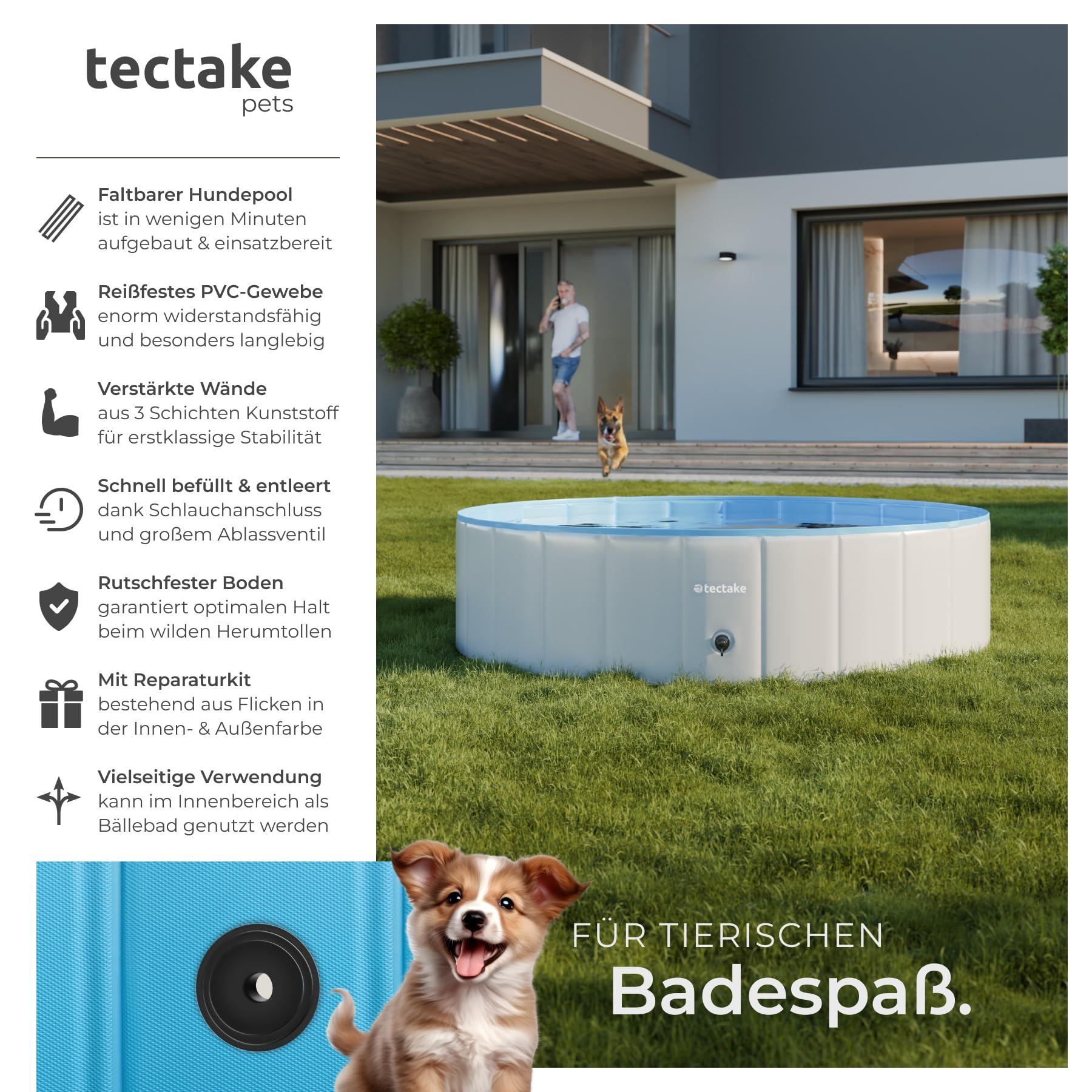 tectake® Swimming Pool, nutzbar als Planschbecken oder Bällebad für Hunde, Faltbare Badewanne, Hundepool, Hundewanne, Aufstellpool, Swimmingpool, Hundebadewanne, Bällebad Hunde - 120cm ⌀