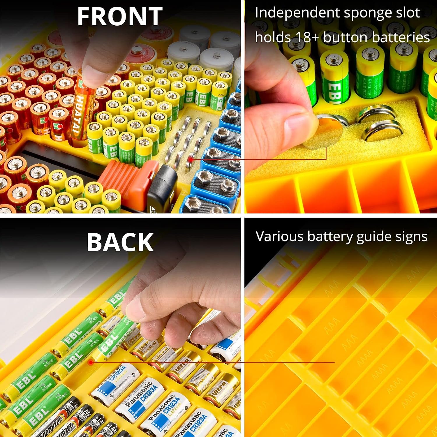 Aptbyte Battery Organizer Storage Holder Box Case with Tester- 269 Batteries Double-Sided Variety Pack, Holds AA AAA 4A C D Cell 9V 3V Lithium LR44 CR2 CR123 CR1632 18650 Button- Yellow (Box Only)