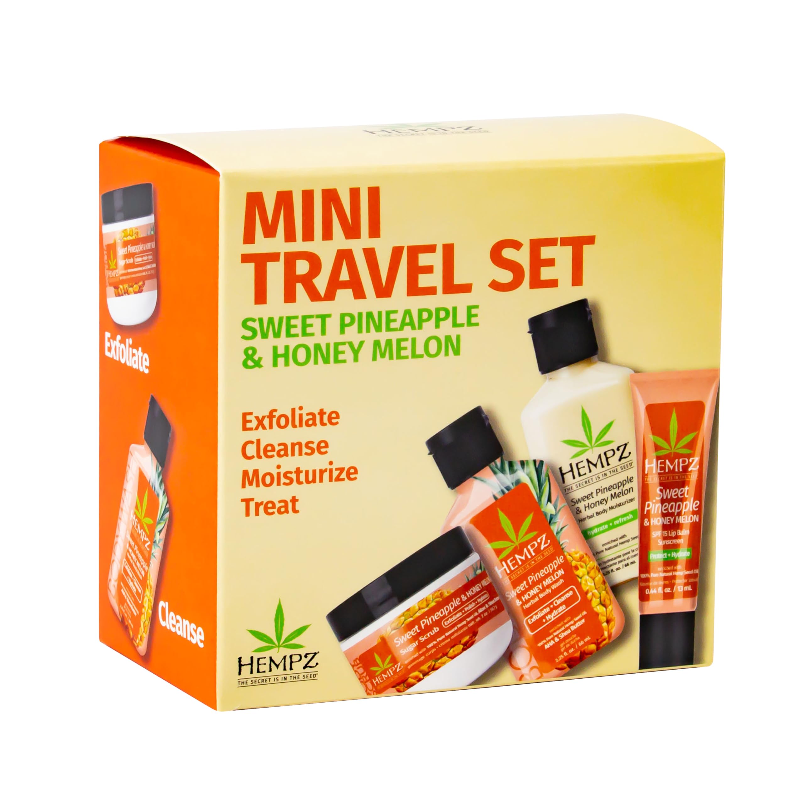 Hempz Mini Sweet Treats, Travel Kit, Mini Body Wash, Body Lotion, Body Scrub and Lip Balm, Sweet Pineapple Honeymelon Scent, 4 Piece Gift Set