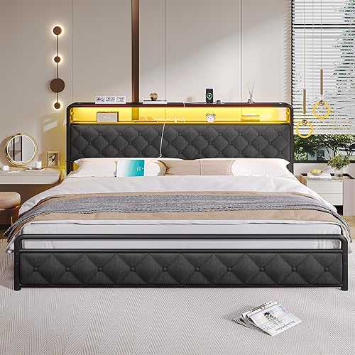Miniatura 7 de Base de cama King con luces LED, cama de plataforma tamaño King con almacenamiento de cabecera de 2 niveles, estación de carga tipo C y USB, tela de