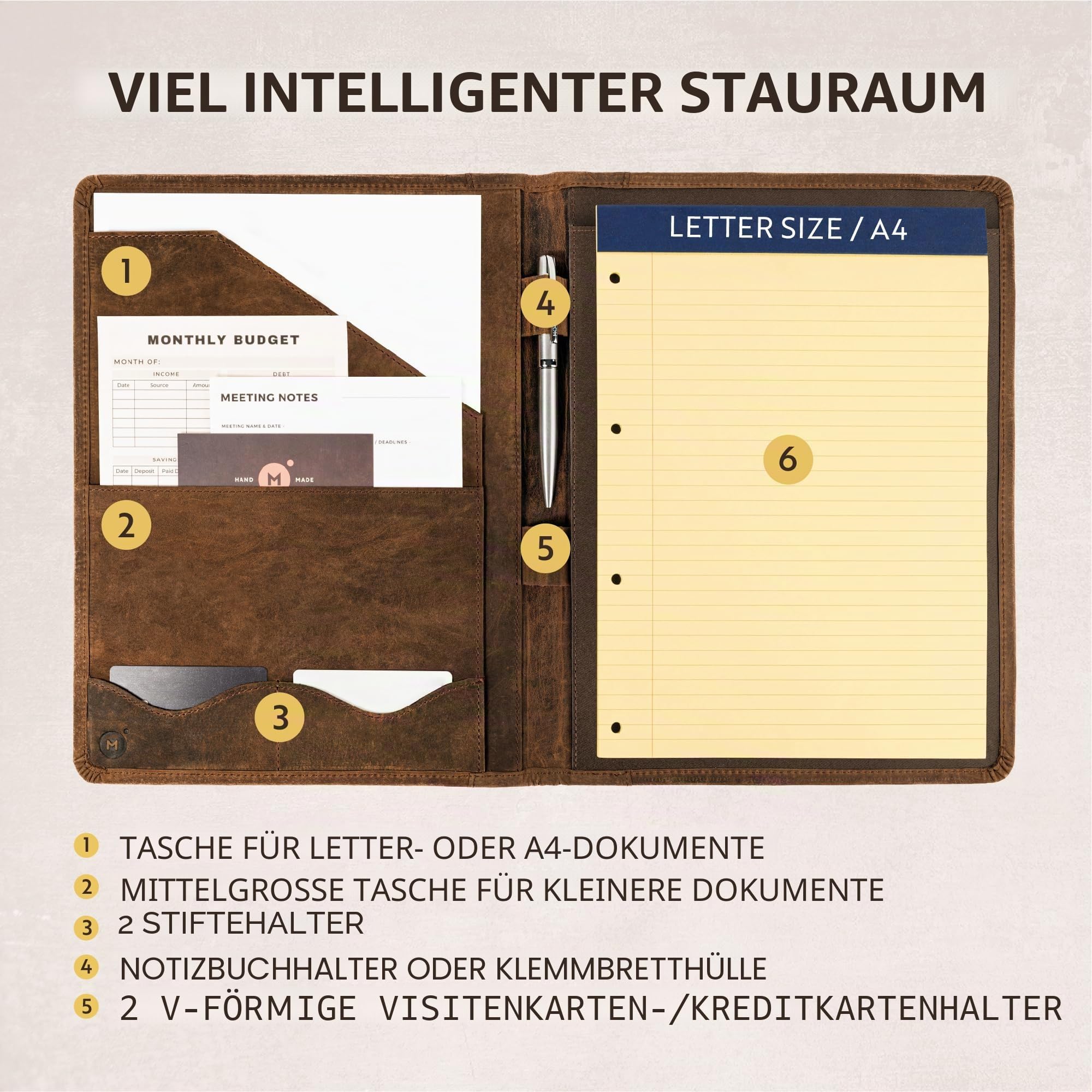 Moonster Leder Portfolio - Vintage Ledermappe A4 Dokumente - Klemmbrett - Dokumentenmappe - Aktenmappe - Konferenzmappe - Schreibmappe A4 Leder Braun, 33 x 25 cm