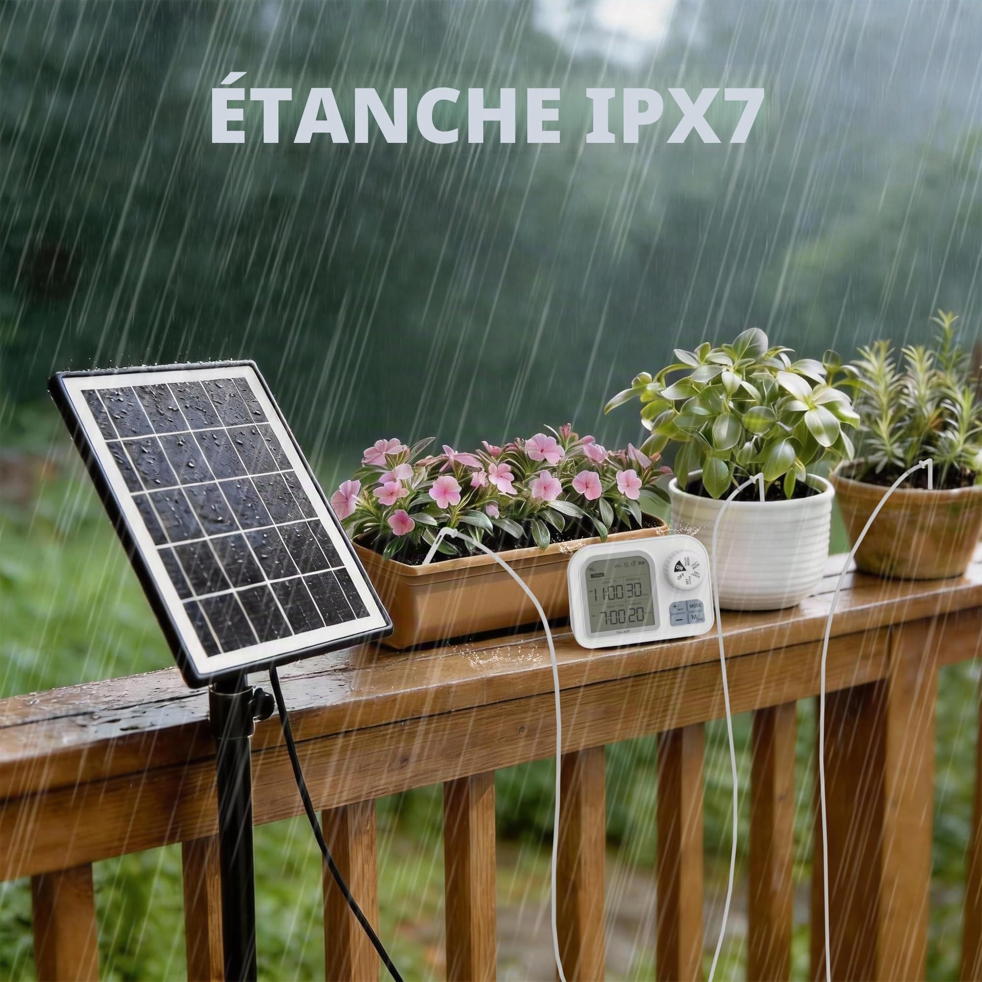 Raddy WS-74 Système d’Irrigation Goutte-à-Goutte Solaire WiFi, Arrosage Intelligent Automatique avec Capteur d’Humidité du Sol, Élévation 5 m pour Jardins Verticaux, Kit Vacances pour 15 Pots
