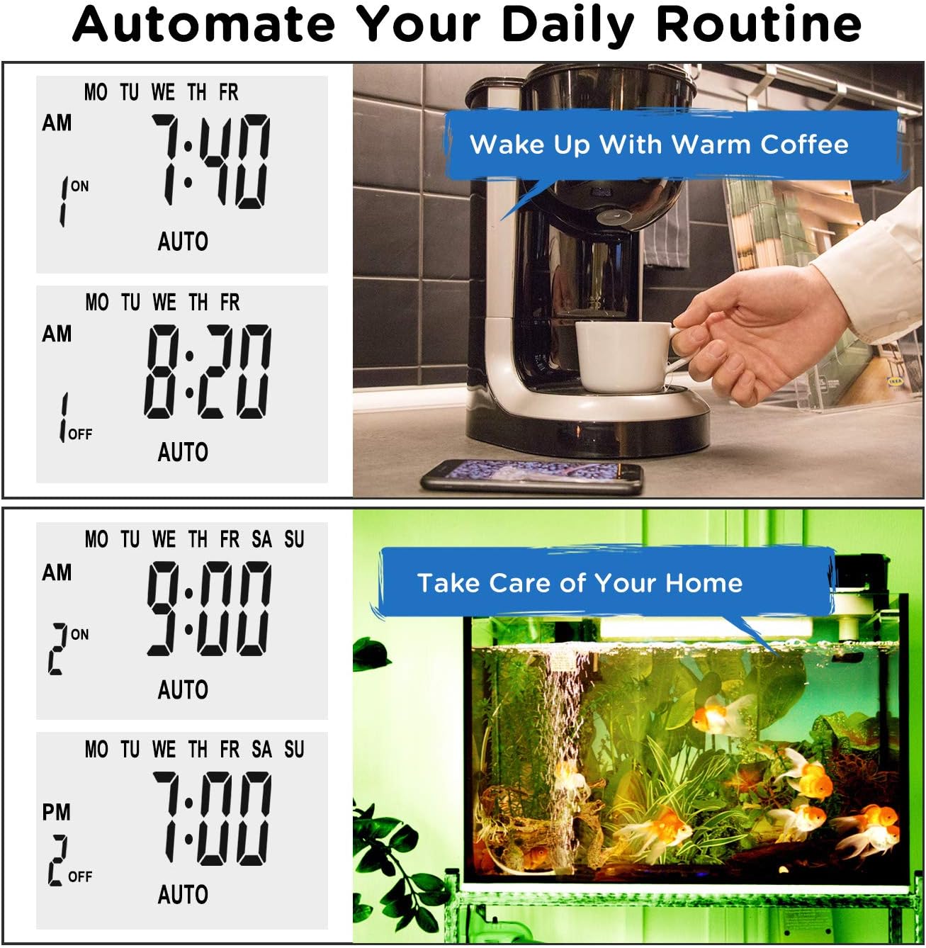 Enover TS18 Digital Timer automating a coffee maker and an aquarium light, showing programmed ON/OFF times.