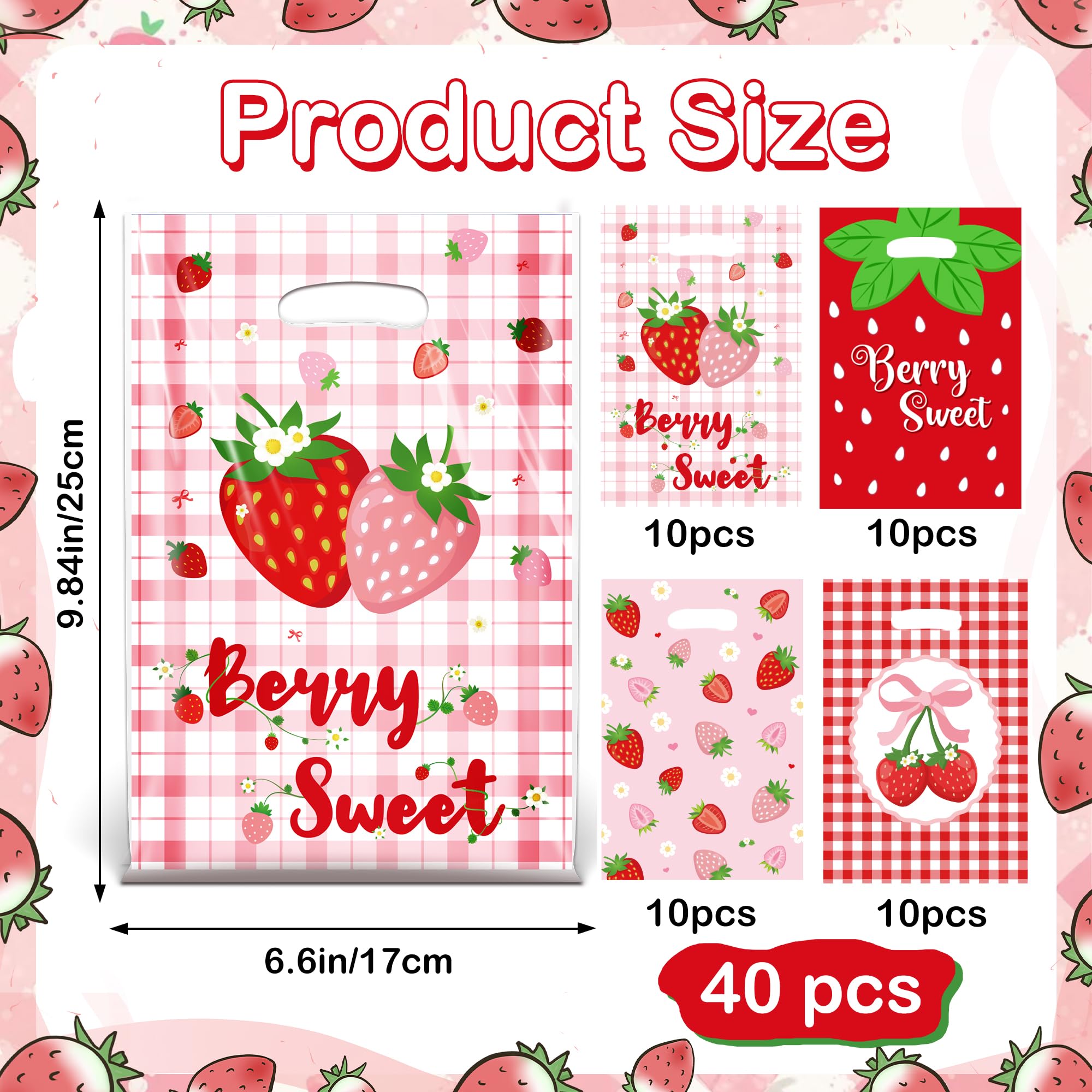 40Pcs Strawberry Goodie Bags,9.8x6.6Inch Red Plastic Strawberry Candy Party Favor Bags with Handles,Pink Bow Berry Sweet Gift Bags for Birthday,Baby Shower,Summer Themed Party Wedding Decor Supplies(40)