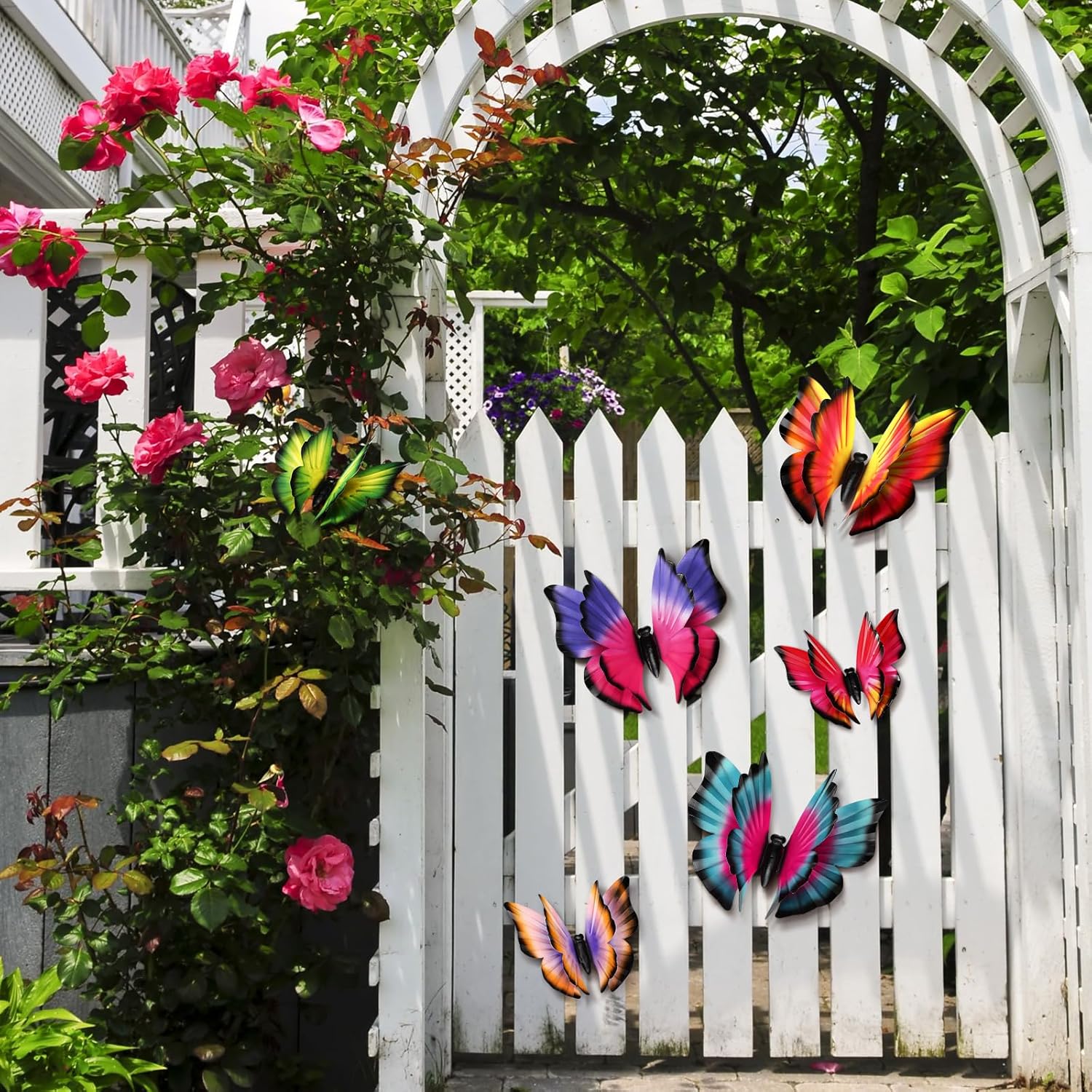 Briwooody 6 Pcs 3D Large Metal Butterfly Wall Decor- 11.8" 5.9" Double Layer Butterfly Outdoor Fence Art Decor Sculpture Wall Hanging Decorations with Hook for Yard Patio Living Room Garden Balcony