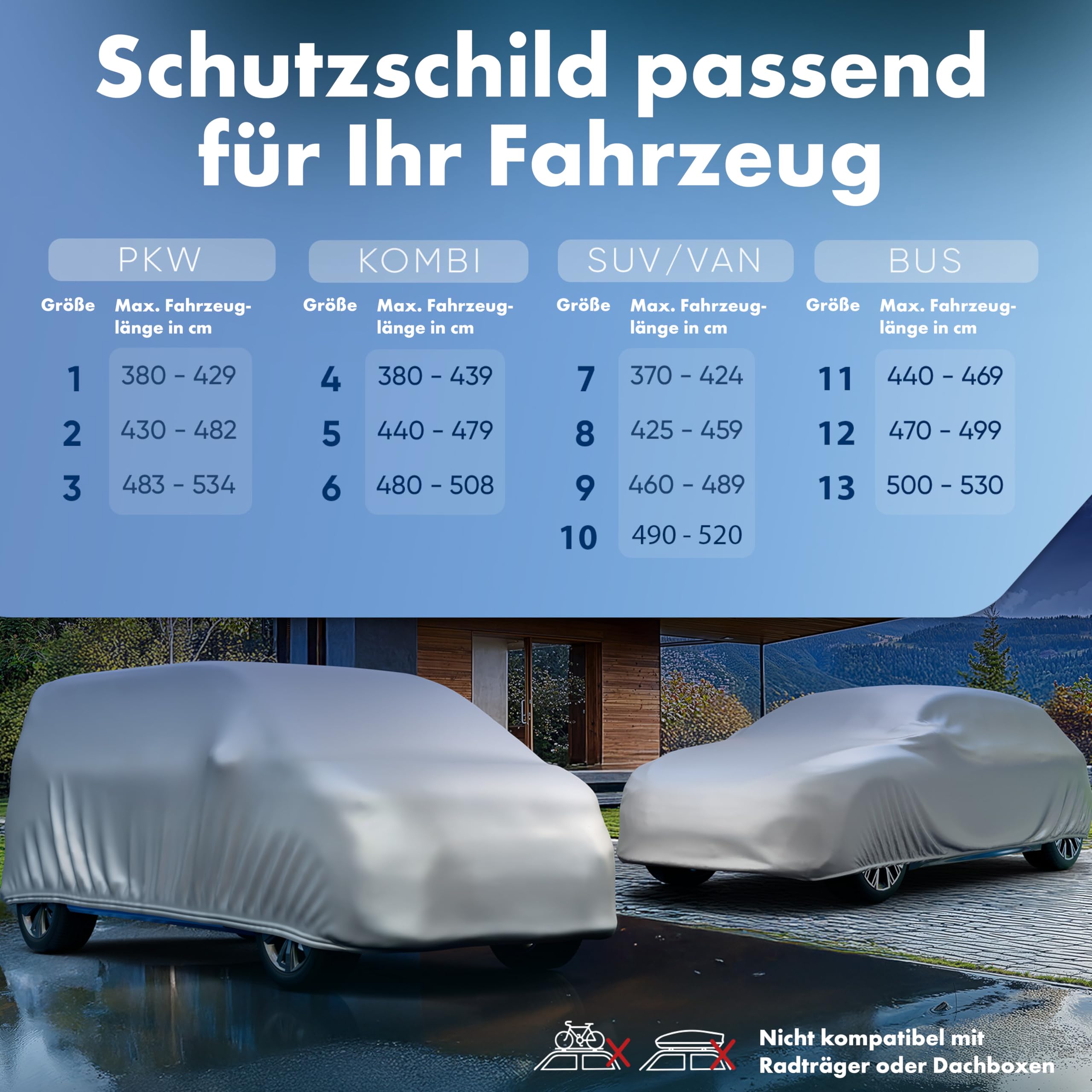 Walser Abdeckplane Auto All Weather, Abdeckung wasserdicht, 100% wetterfeste PKW Garage Zelt Sommer/Winter, Autoabdeckung Outdoor, Schutzdecke wasserdicht, Autoplane Vollgarage Größe 6 Kombi Silber
