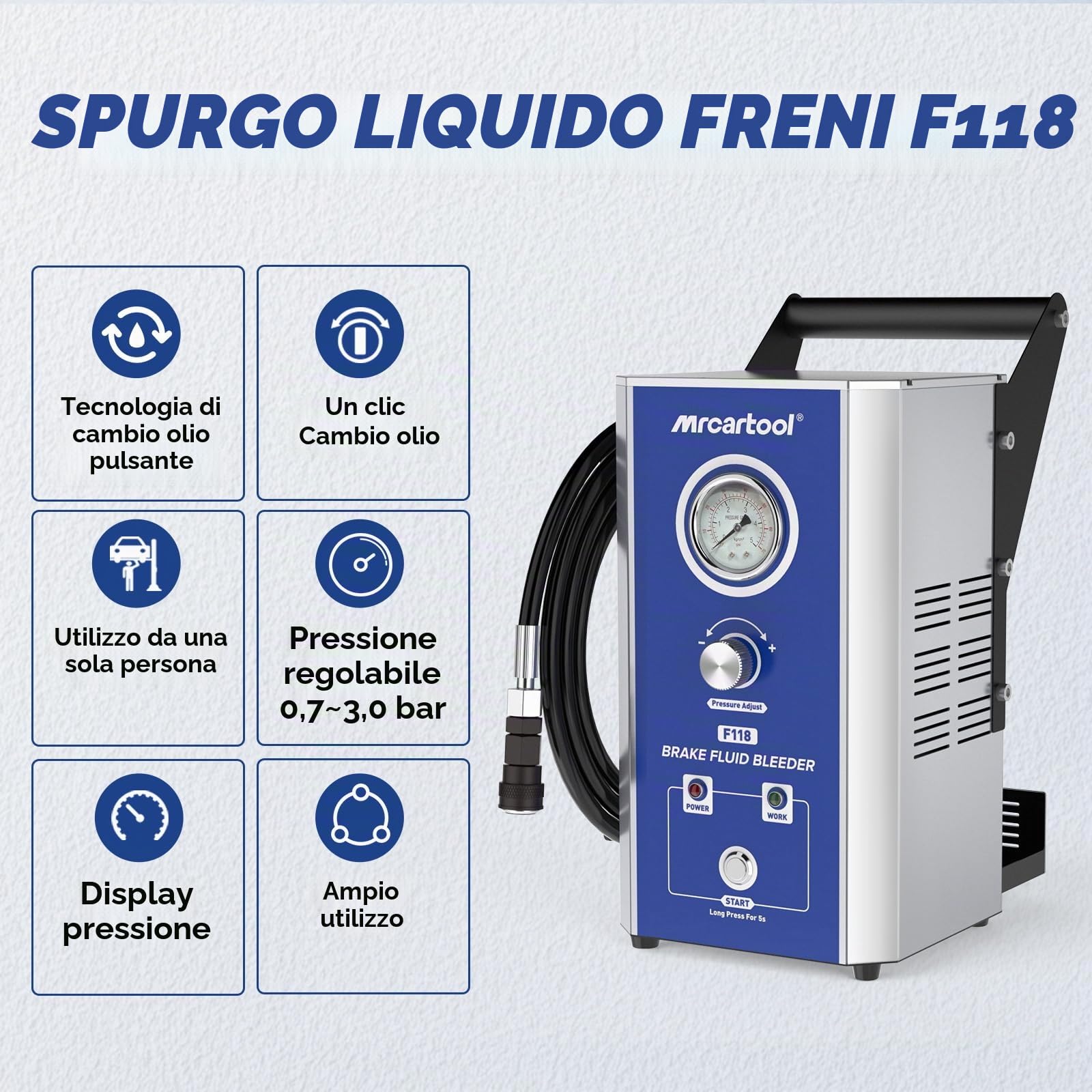 MRCARTOOL Spurgo Freni Auto 220V Spurgo Freni Elettrico Macchina per Il Cambio di Liquido dei Freni con 7 Adattatori, Spurgo Freni 0,7-3,0 Bar per Volkswagen, Audi, Škoda, Benz, BMW