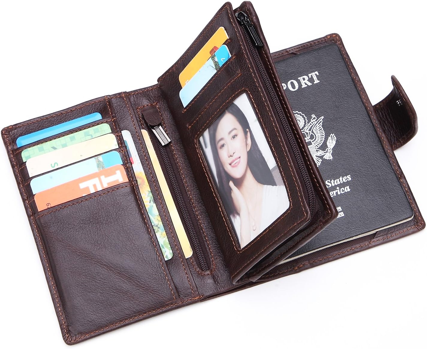 Mens RFID Leather Passport Holder Wallet for Men Multi-pocket Soft Leather Travel Wallet With 7 Credit Card Holder 1Passport Holder and 1 ID Windows (coffee)