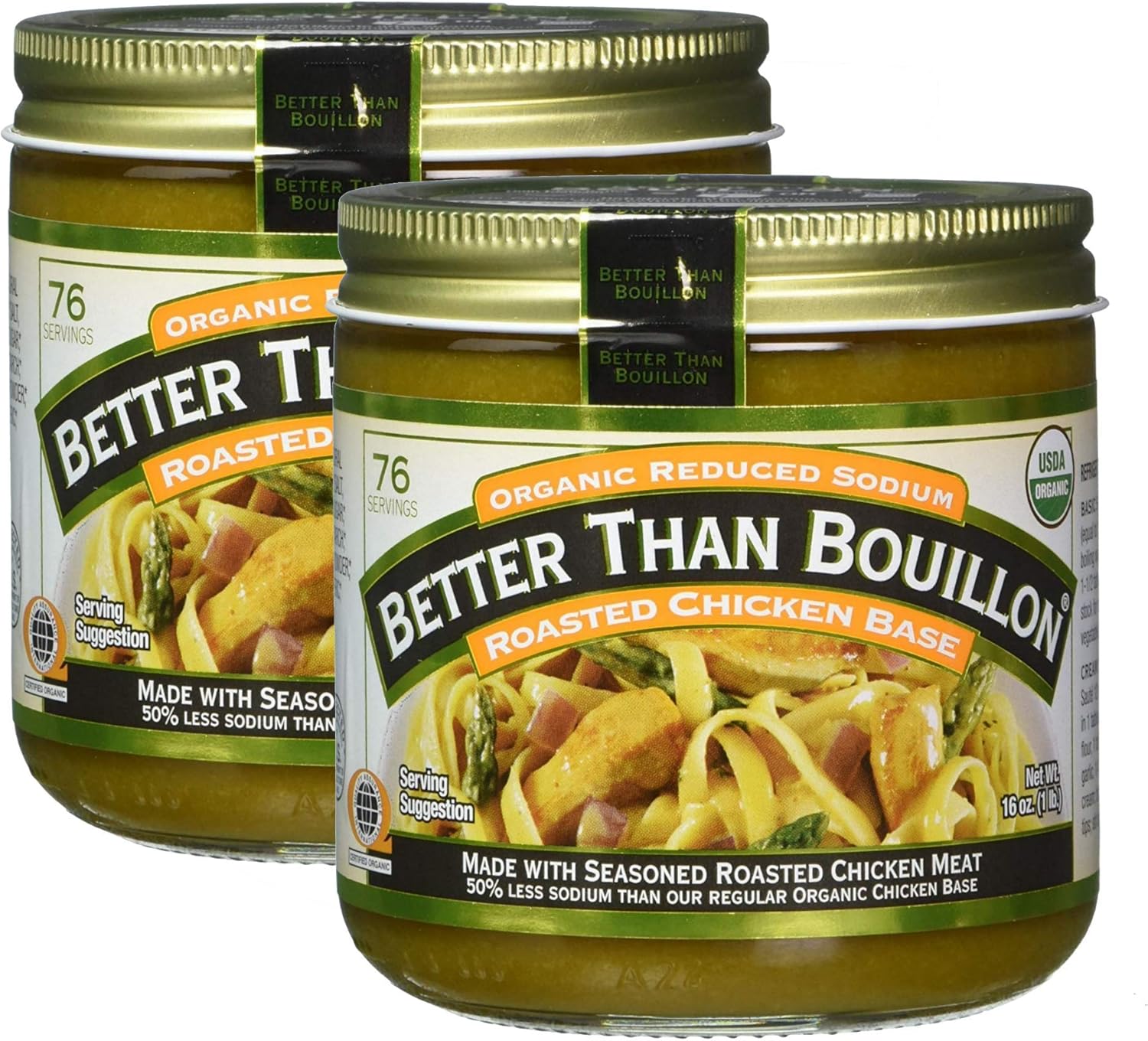 Better Than Bouillon Organic Sodium Reduced Roasted Chicken Base, 76 Servings 2 PK x 16 Oz / 454 Grams, Total 32 Oz (Less Sodium)
