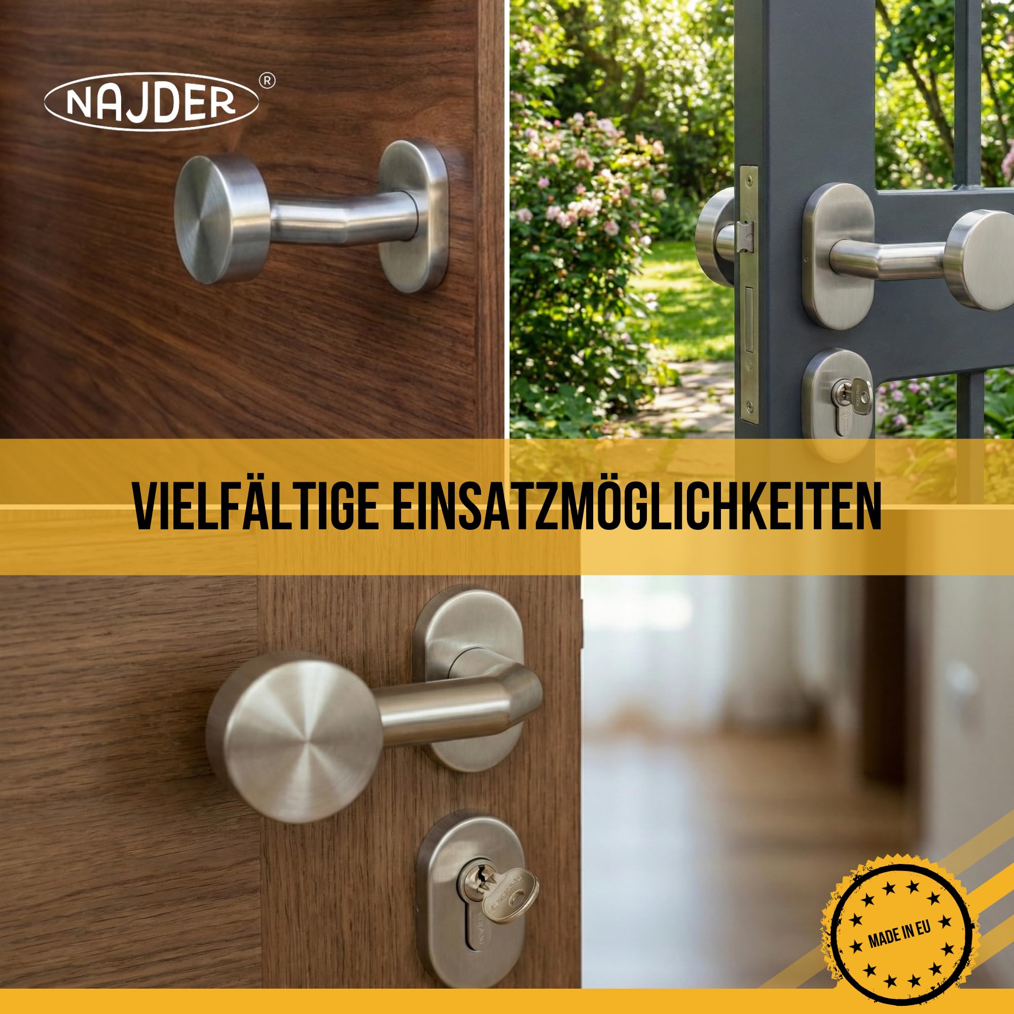 NAJDER Doppelseitiger Türknauf, Fester Türknopf aus Edelstahl, Flacher Türknauf mit Biegung und Ovalrosette, Edelstahl A2-AISI 304, mit 2 Schildern für Knöpfe und Schlösser