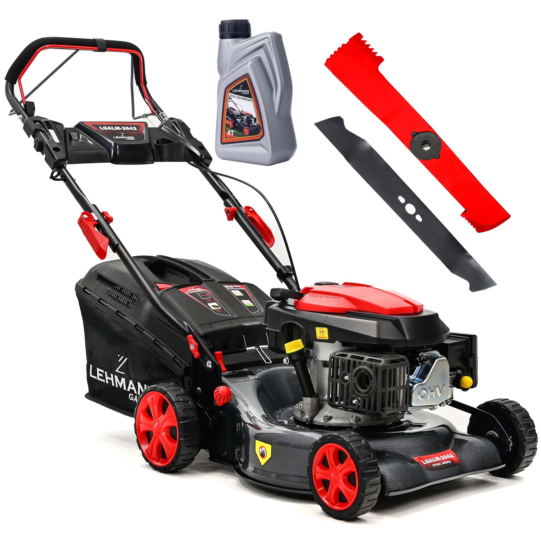 LEHMANN Tondeuse à Gazon Thermique Autotractée, 146 cm³ 2,6 KW, Largeur de Coupe 42 cm, 5 Niveaux 25-70 mm, 40 L Capacité de Ramassage, Surface Jusqu'à 2000 m², Carrosserie Solide en Carbone