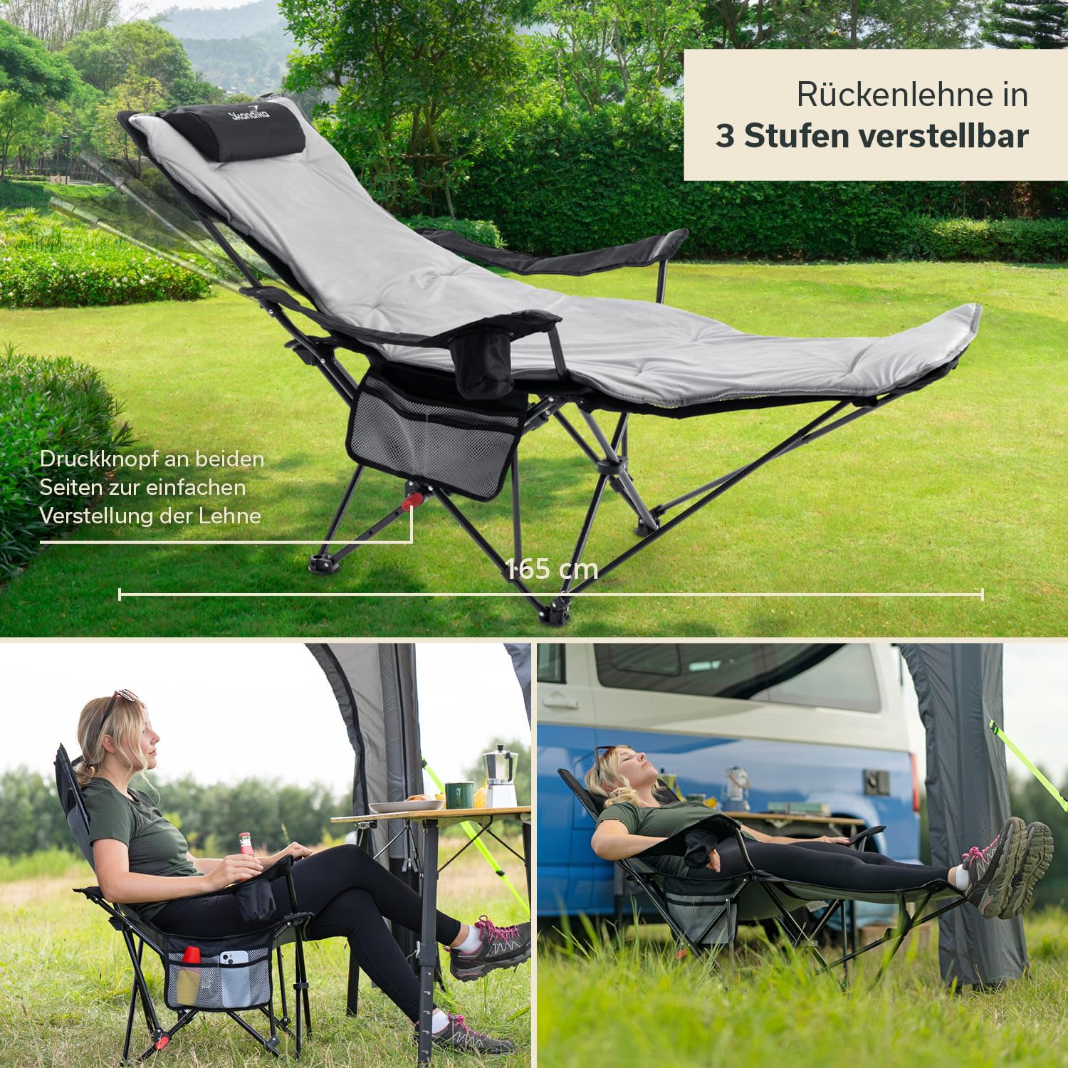 skandika Silla de Camping Toras con reposapiés, Plegable, función reclinable, tamaño Compacto,con Soporte para Bebidas (Negra/con Acolchado)