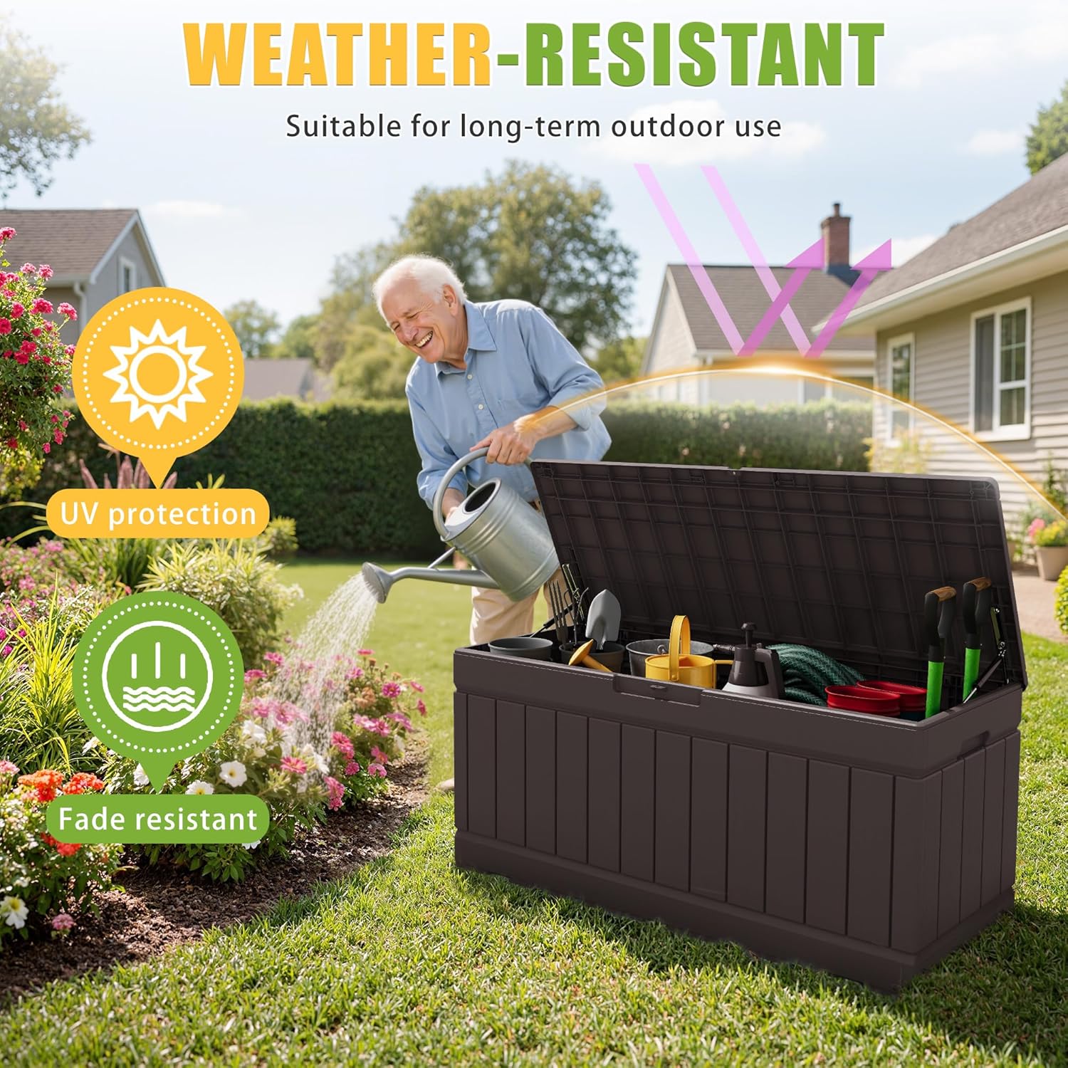 Image showing the storage box in a garden setting, emphasizing its UV protection and fade resistance.
