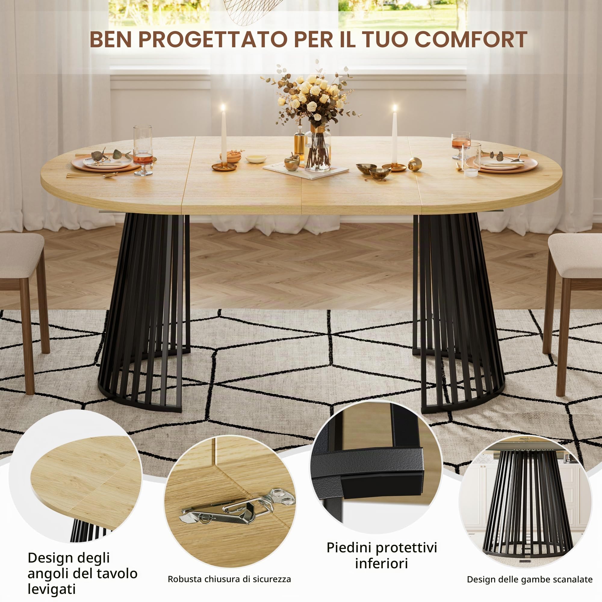 Tavolo Allungabile Ovale,Tavolo da Pranzo Rotondo Allungabile Adatto per 4-8 Persone,Tavolo da Pranzo Rotondo in Legno con Gambe in Metallo per Cucina o Soggiorno,100-180x100x75CM,Spedito in 2 Pacchi