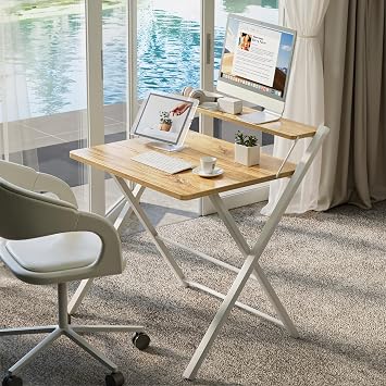GreenForest No Assembly Required Folding Desk with Monitor Shelf,Oak | 70 cm Small Desk Workspace for Bedroom,Living Room,Office or Apartment