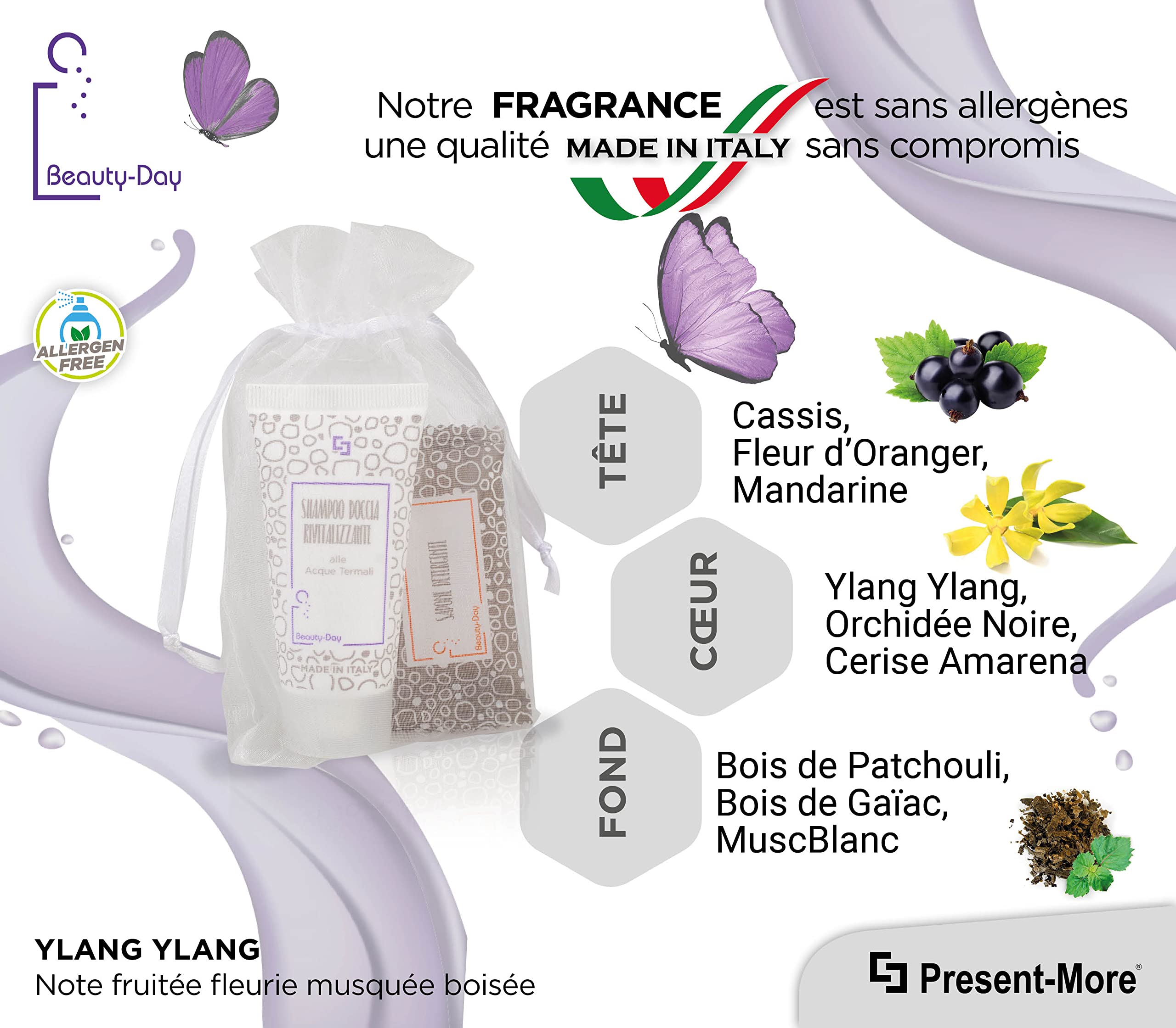 PRESENT-MORE - Kit Accueil 35 Invités Beauty-Day Italy - Parfum Ylang Ylang - Contenu: Shampooing Douche, Savon et Bonnet de Douche - Made in Italy - Pour Hôtels et B&B