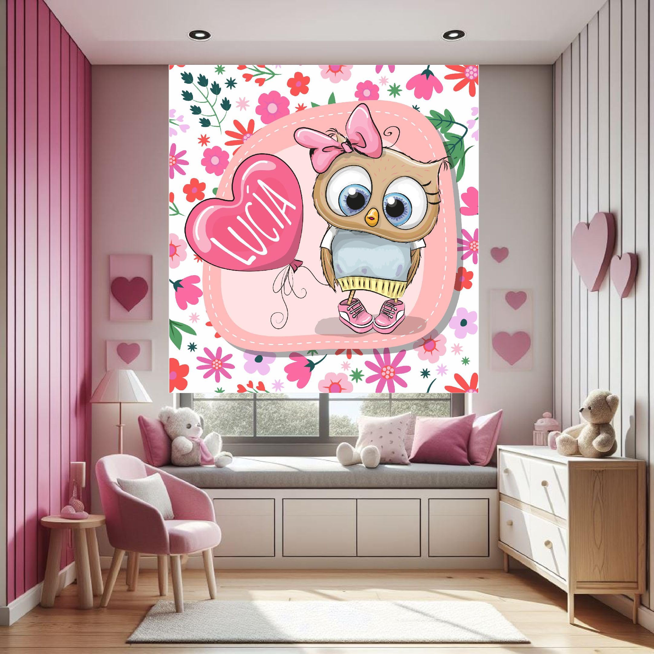 Estor Infantil Niña, Estor infantil animales Buho 002- Estores Infantiles Personalizados con nombre. Estor enrollable habitacion infantil. Tejido Translucido Cortinas y Estores Infantiles (150x170)