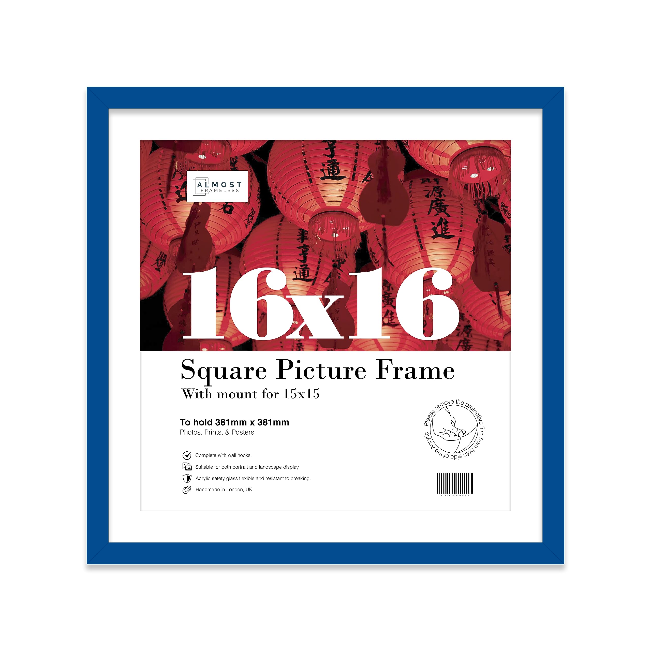 Almost Frameless 16x16 Picture Frame, Display Pictures 15x15 With Mat or 16x16 Without Mat, Wall Hanging Photo Frame, Blue, 1 Pack