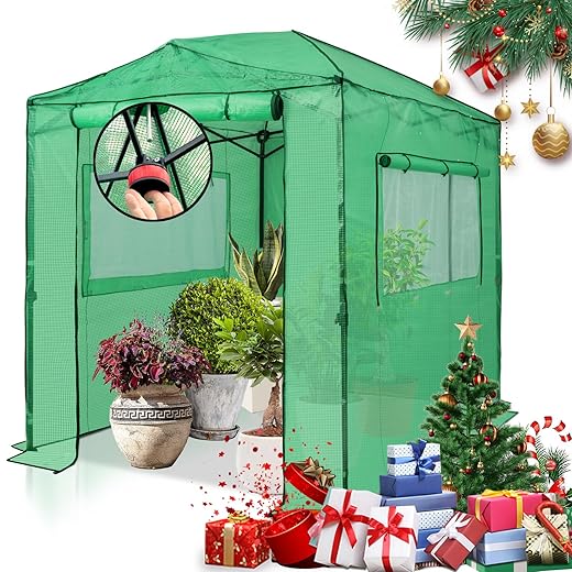 EAGLE PEAK Instant Pop-up Greenhouse, Indoor Outdoor Plant Gardening Green House, Roll-Up Zipper Doors and Side Windows, Walk in 8x6 ft, PE Cover, Green/Clear