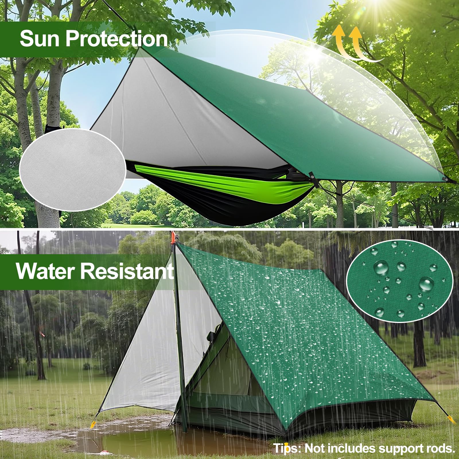 Rhino Valley Bâche de Camping Imperméable, 3x3M Grand Abri Extérieur avec Cordes Légères, Abri Léger Portatif Taud de Pluie Taud de Camping pour Randonnée Voyage Sac à Dos, Vert