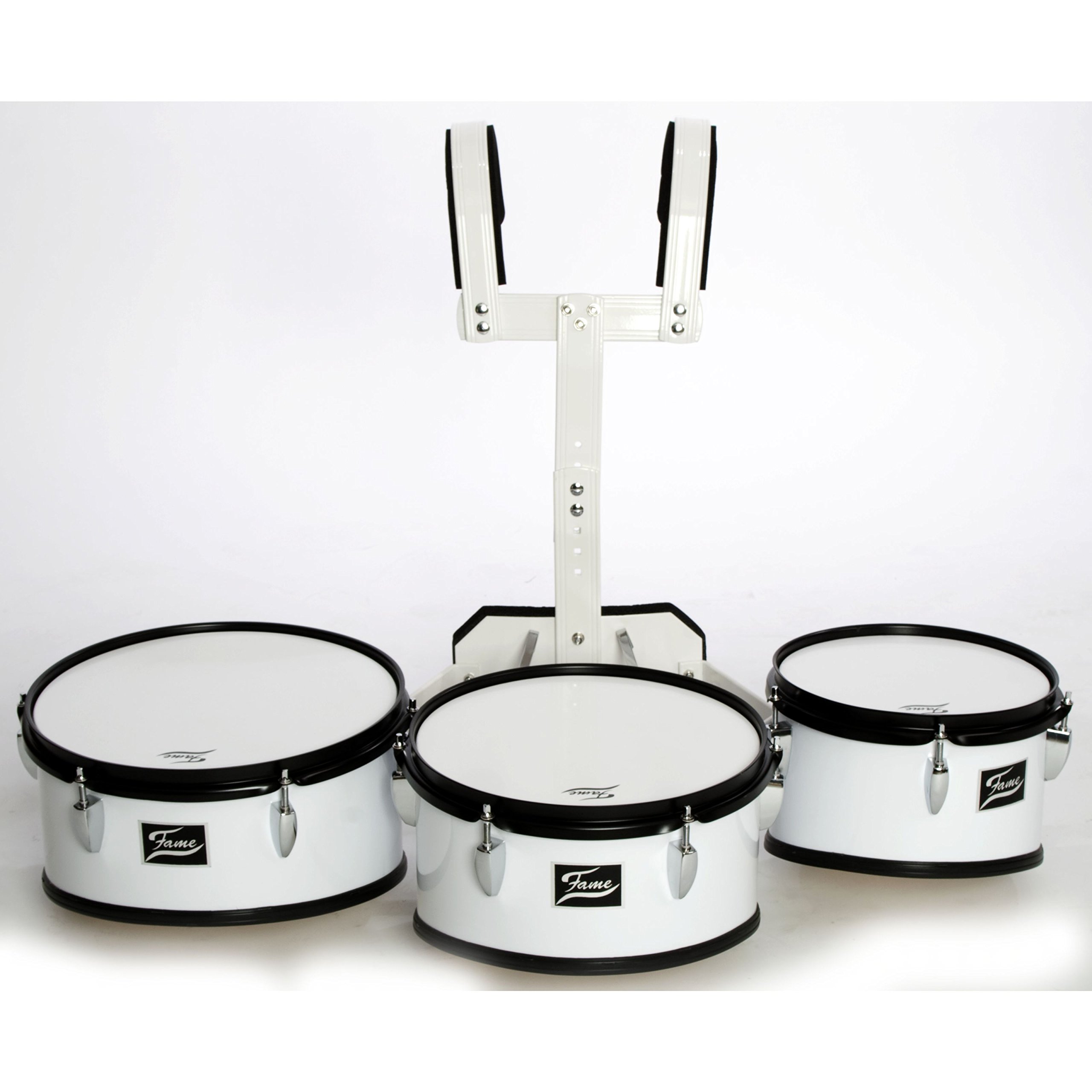 Fame Marching TimpTom Set, Weiß, 10 Zoll, 12 Zoll, 13 Zoll, Leichtgewicht 7.5kg, Linde Kesselmaterial, Kunststoff Fellmaterial, inklusive höhenverstellbares Tragegestell, Ideal für Samba und Karneval