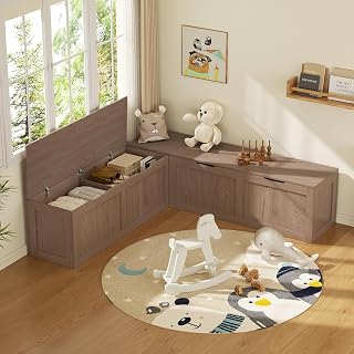 YUUIJOAA 63" L-Shaped Storage Bench, Cherry Brown Corner Dining Nook for Kitchen Breakfast, Entryway with Hidden Compartments