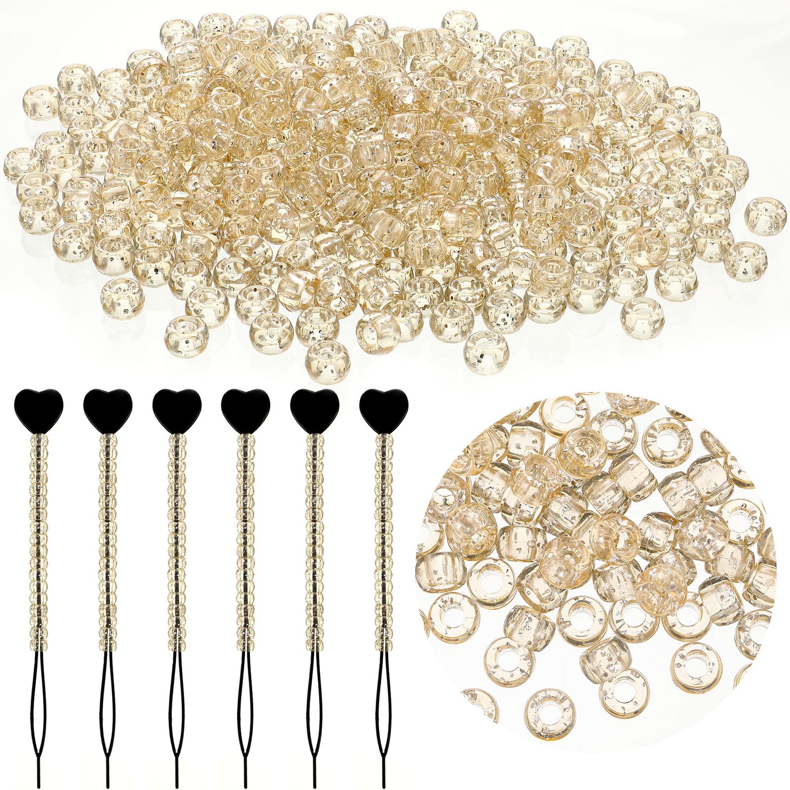 Hinly 600 Pcs Glitter Hair Beads Gold Color 6 x 9 mm Plastic Pony Beads for Braids Girls Jewelry Making Kit DIY Including 6 Pcs Quick Beader for Kid Hair Braids