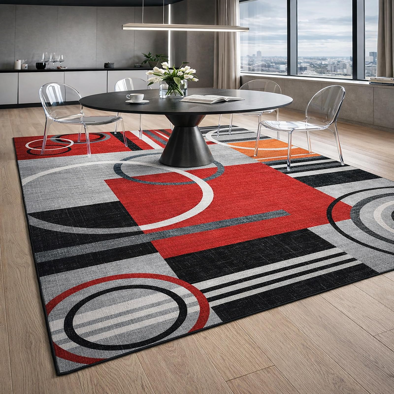 Tapis géométrique moderne rouge et noir 110x180 cm au tissage robuste à poils courts pour salon